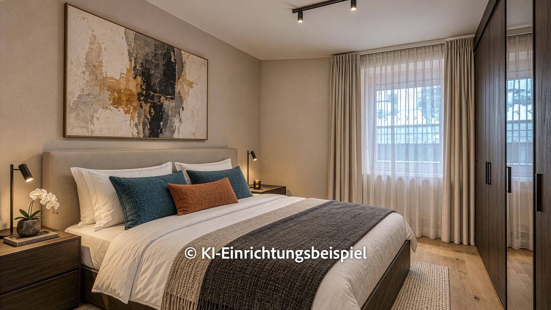 Modernes Schlafzimmer mit großem Bett, Holzboden und stilvoller Kunst an der Wand.