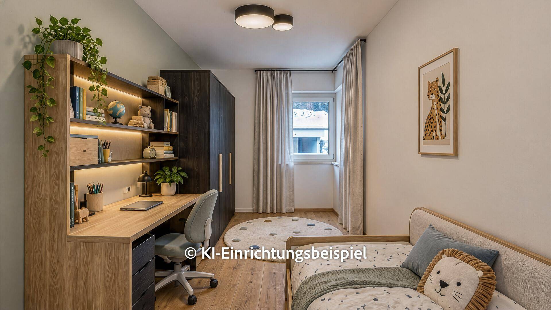Modernes Kinderzimmer oder Büro mit Schreibtisch, Regal und Einzelbett.