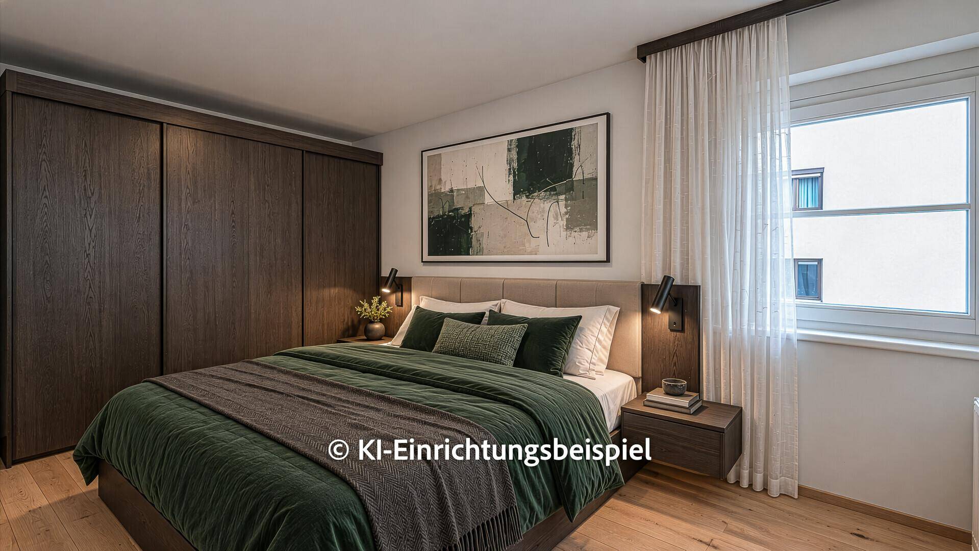 Modernes Schlafzimmer mit dunklem Einbauschrank, Holzboden und stilvoller Dekoration.