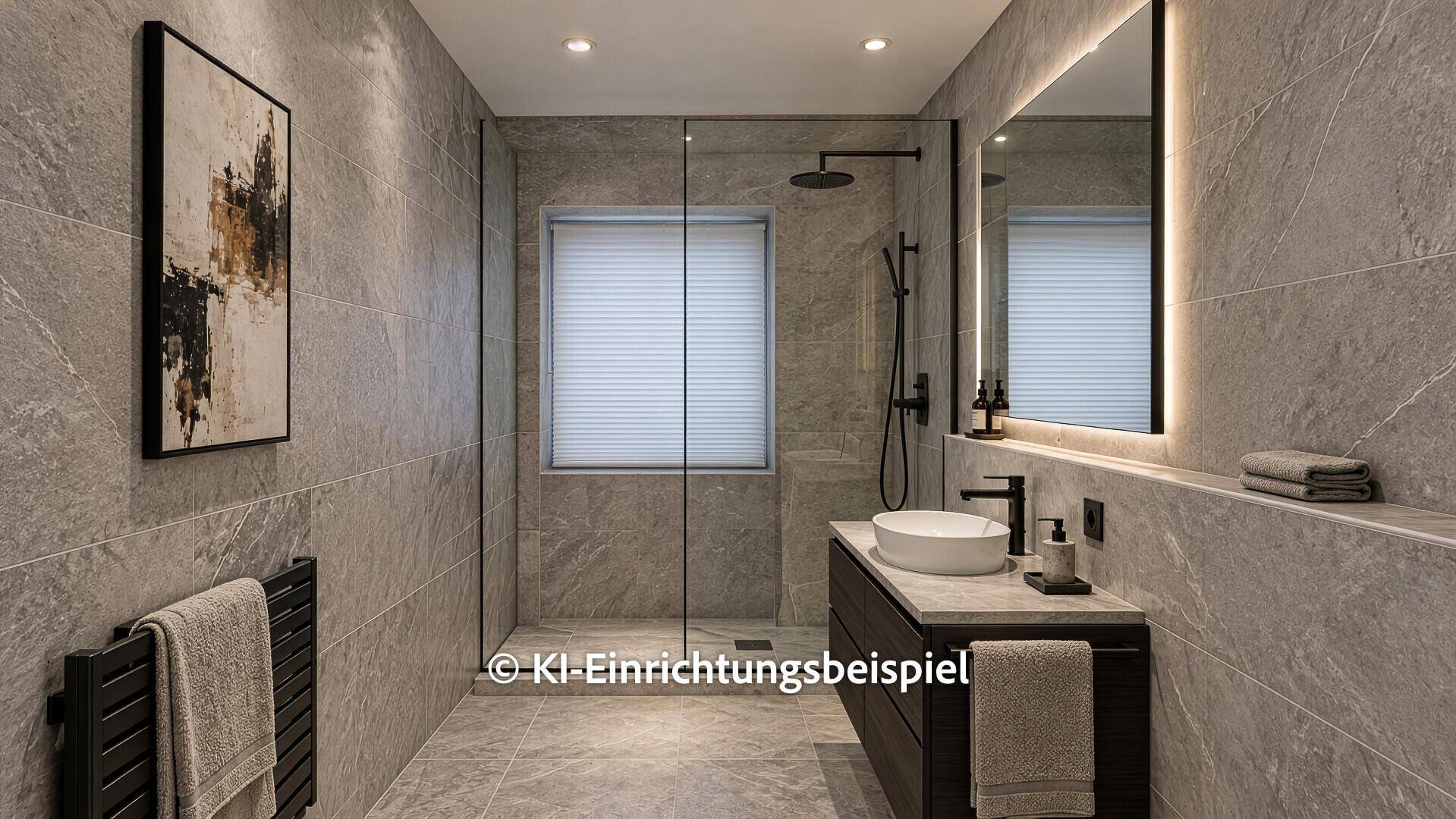 Modernes Badezimmer mit großer begehbarer Dusche, grauen Fliesen und stilvollem Waschtisch.