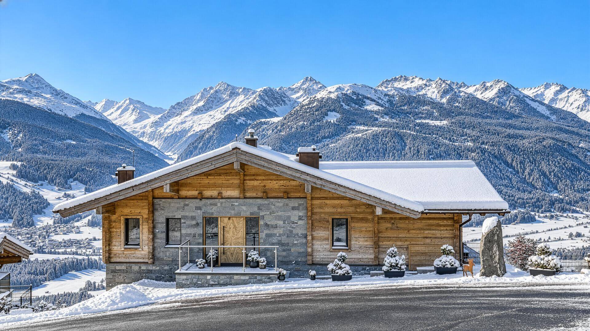 Charmantes Chalet in den Bergen mit Holzelementen und schneebedecktem Dach.