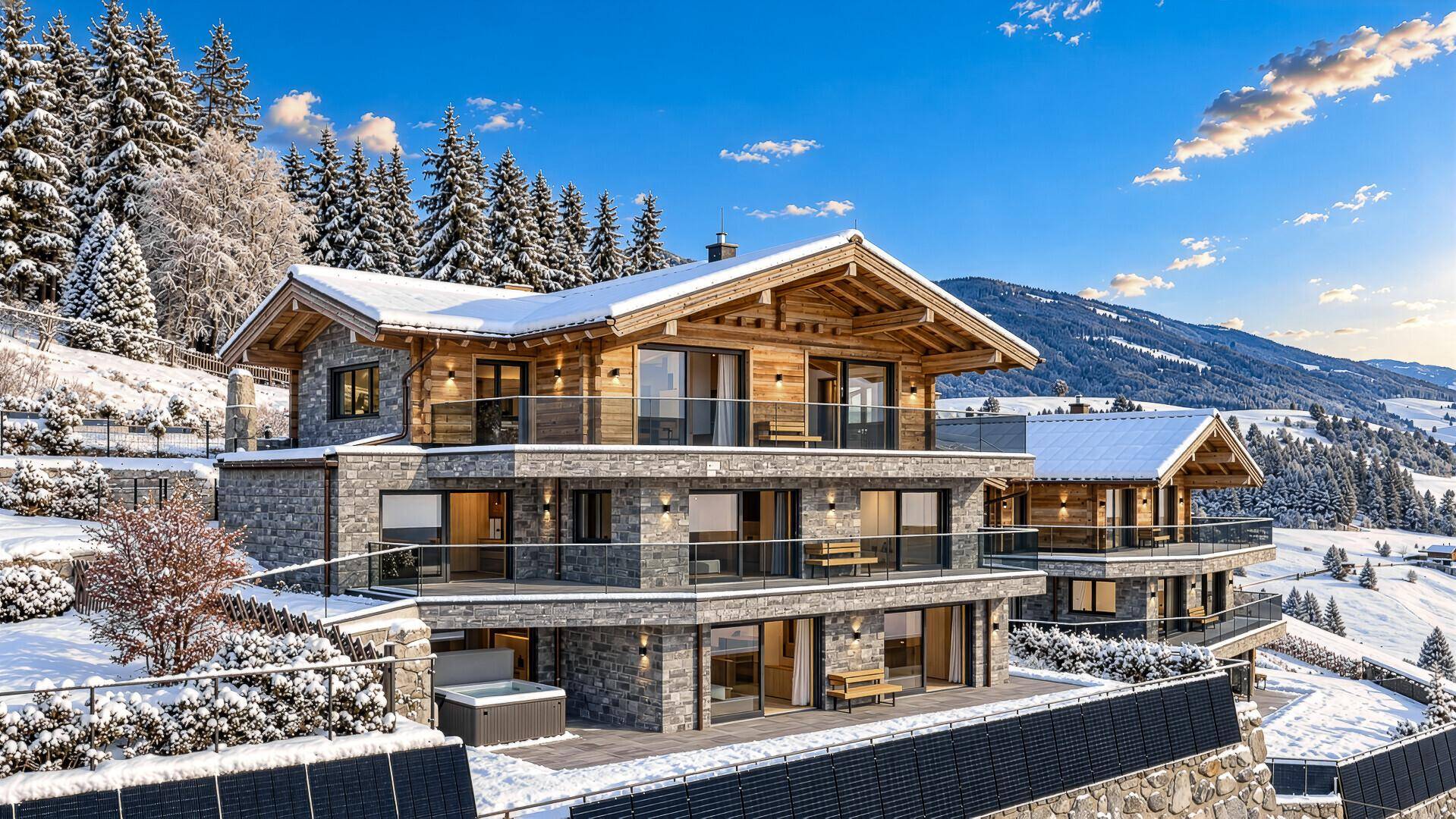 Luxuriöse Chalets in einer sonnigen Berglandschaft mit Terrassen und Whirlpool.