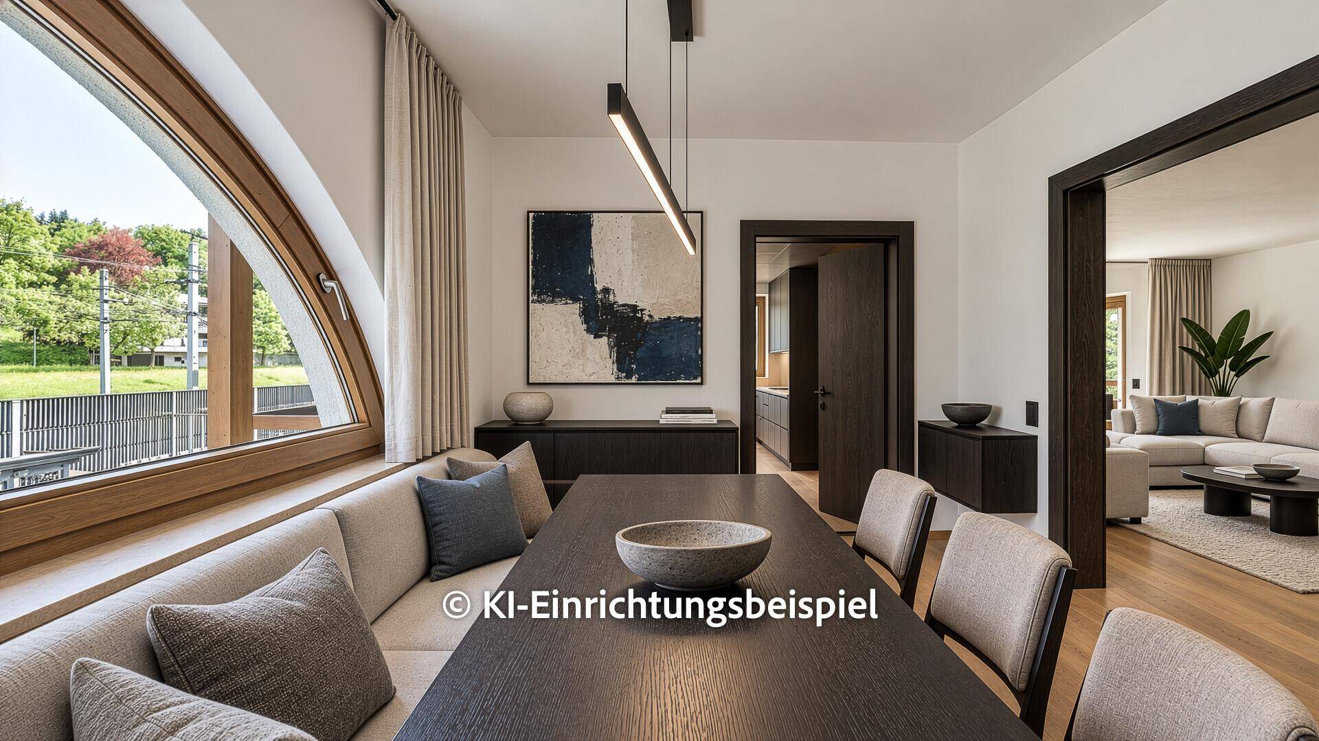 Moderner Essbereich mit langer Sitzbank, Holztisch und geschwungenem Fenster mit Ausblick.