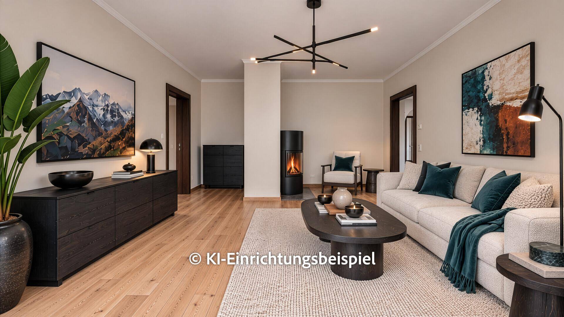 Stilvolles Wohnzimmer mit modernem Kamin, Holzboden und zeitgenössischer Einrichtung.