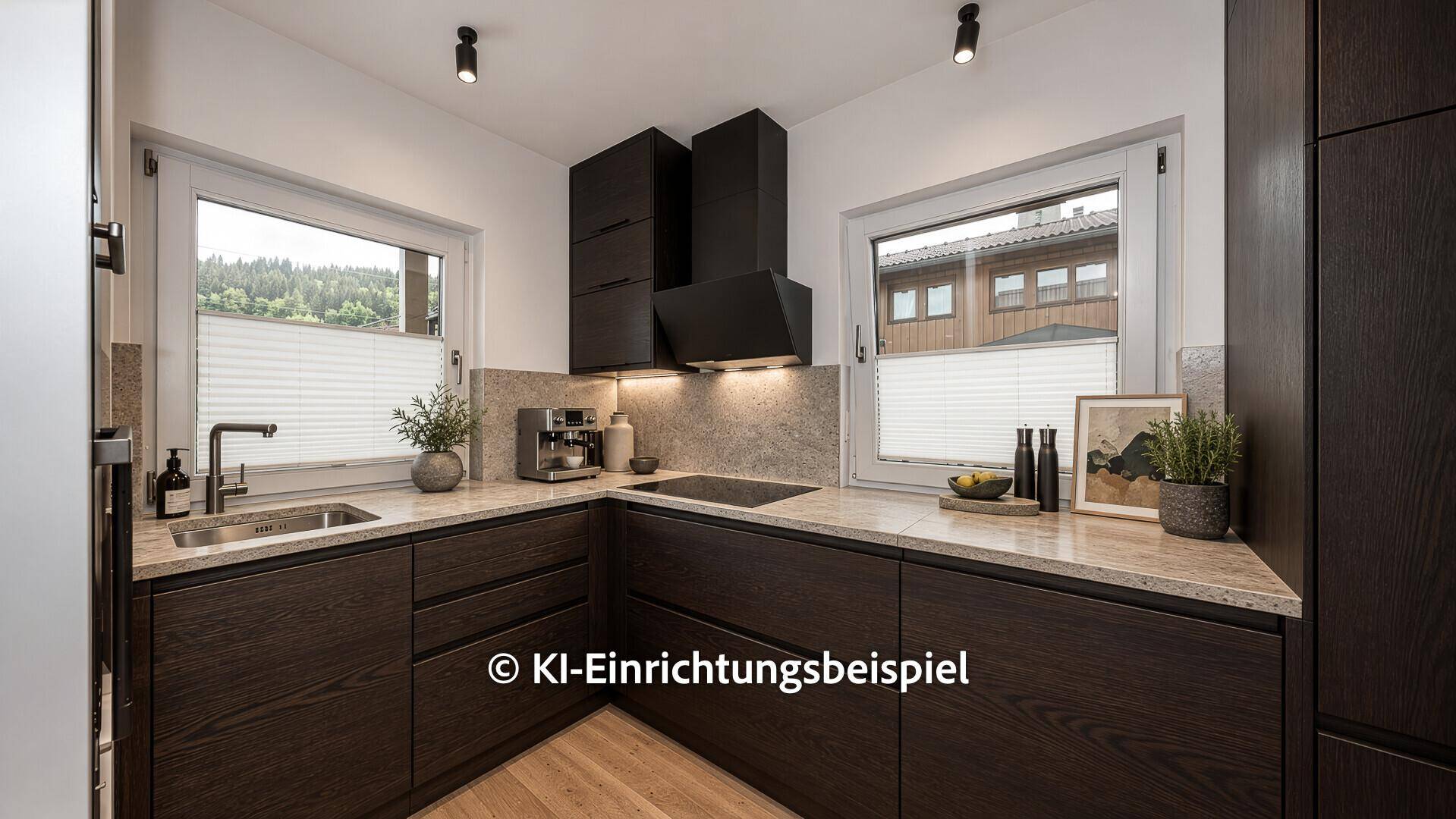 Moderne Küche mit dunklen Holzschränken, Granitarbeitsplatten und zwei hellen Fenstern.