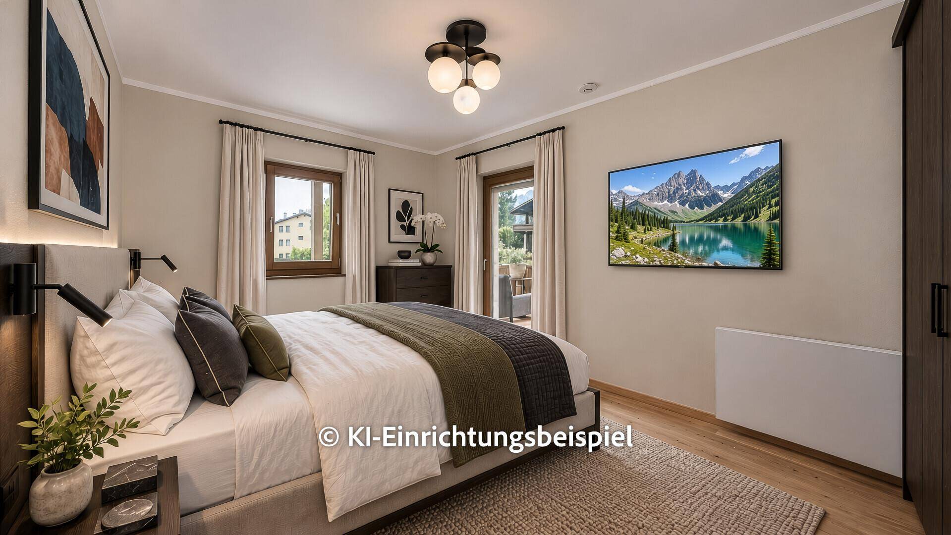 Modernes Schlafzimmer mit großem Bett, Fernseher und direktem Balkonzugang.