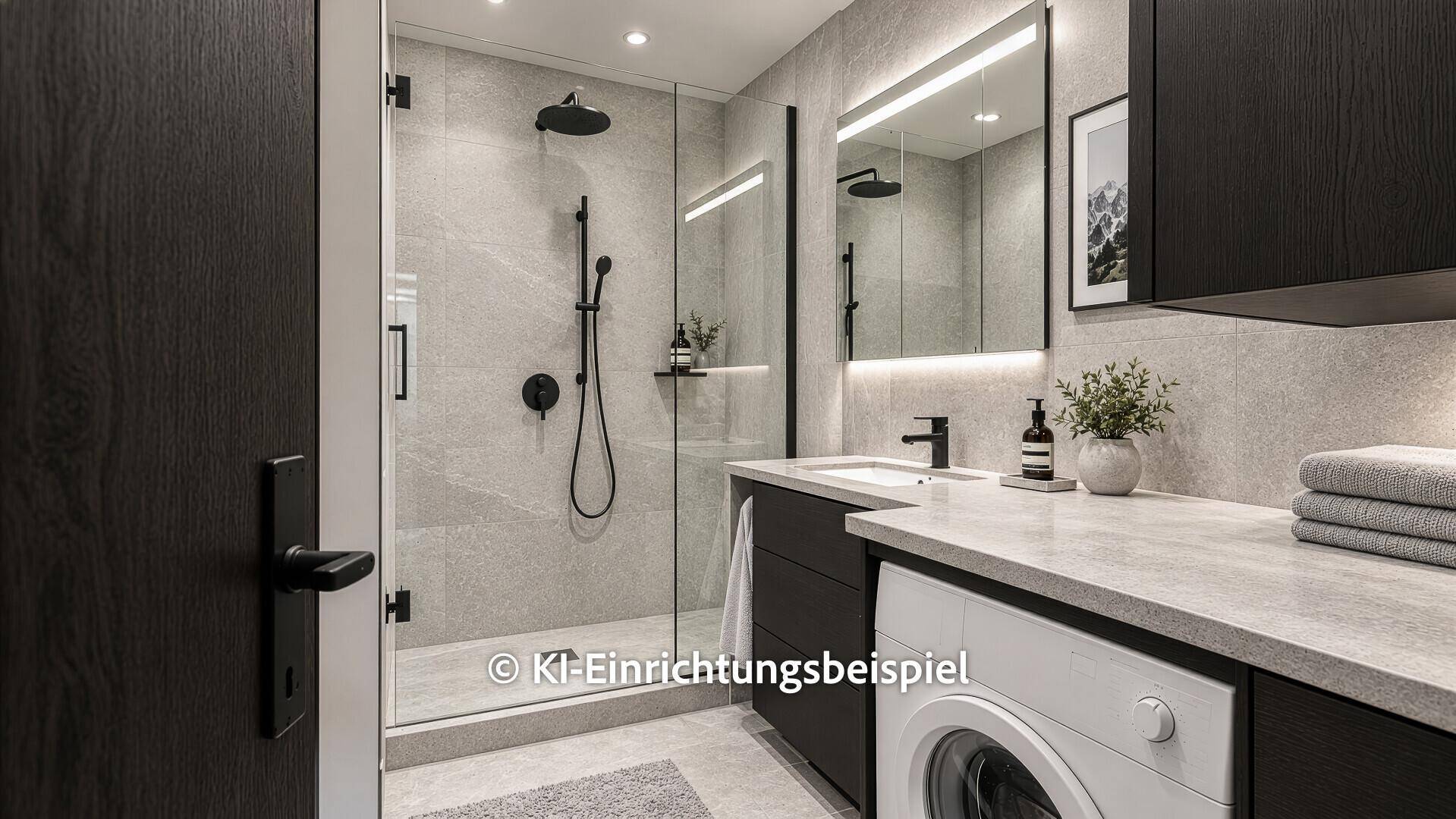 Modernes Badezimmer mit grauen Fliesen, begehbarer Dusche und integrierter Waschmaschine.