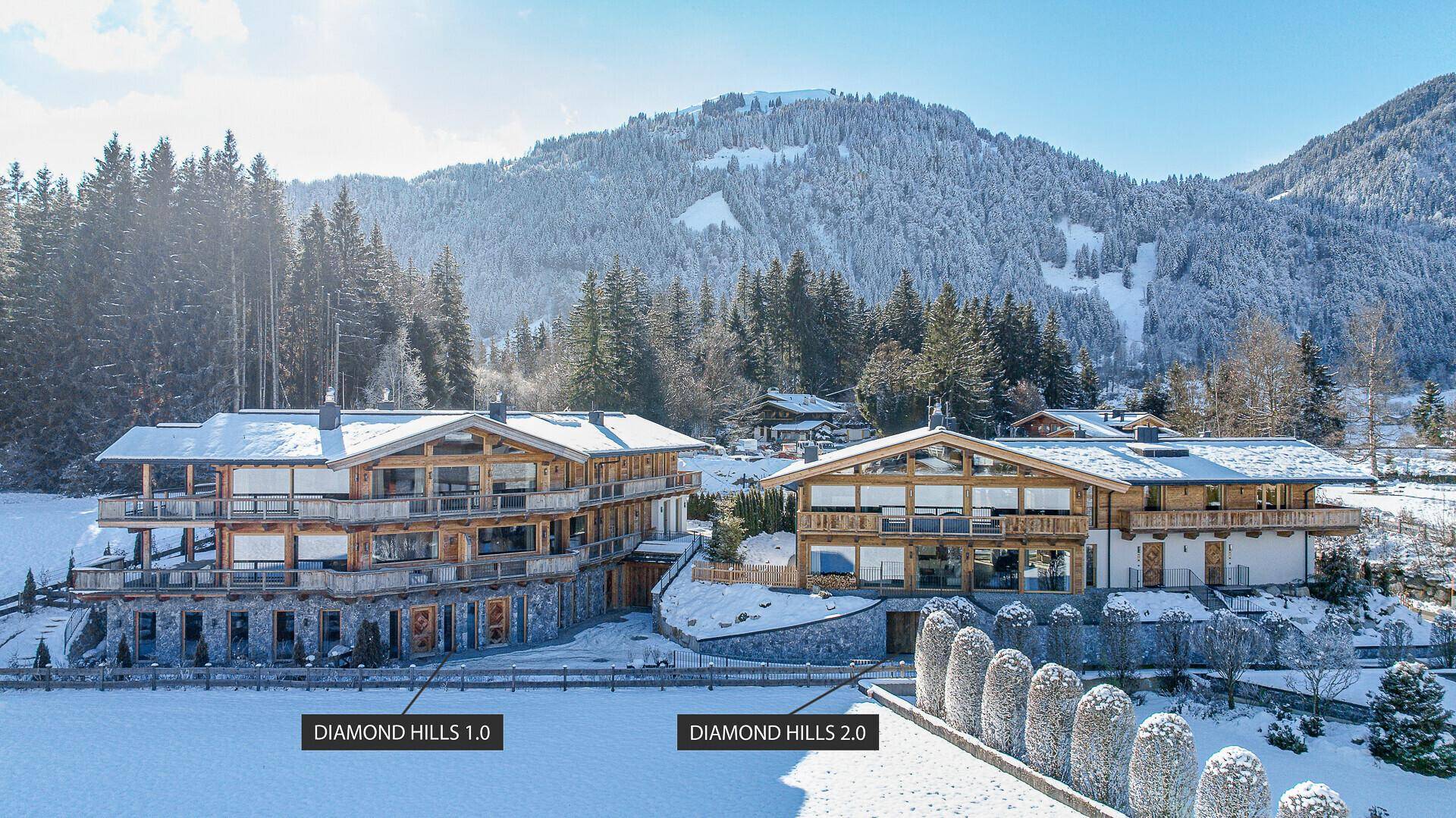 Panoramablick auf zwei exklusive Chalets in den verschneiten Alpen, umgeben von Natur.
