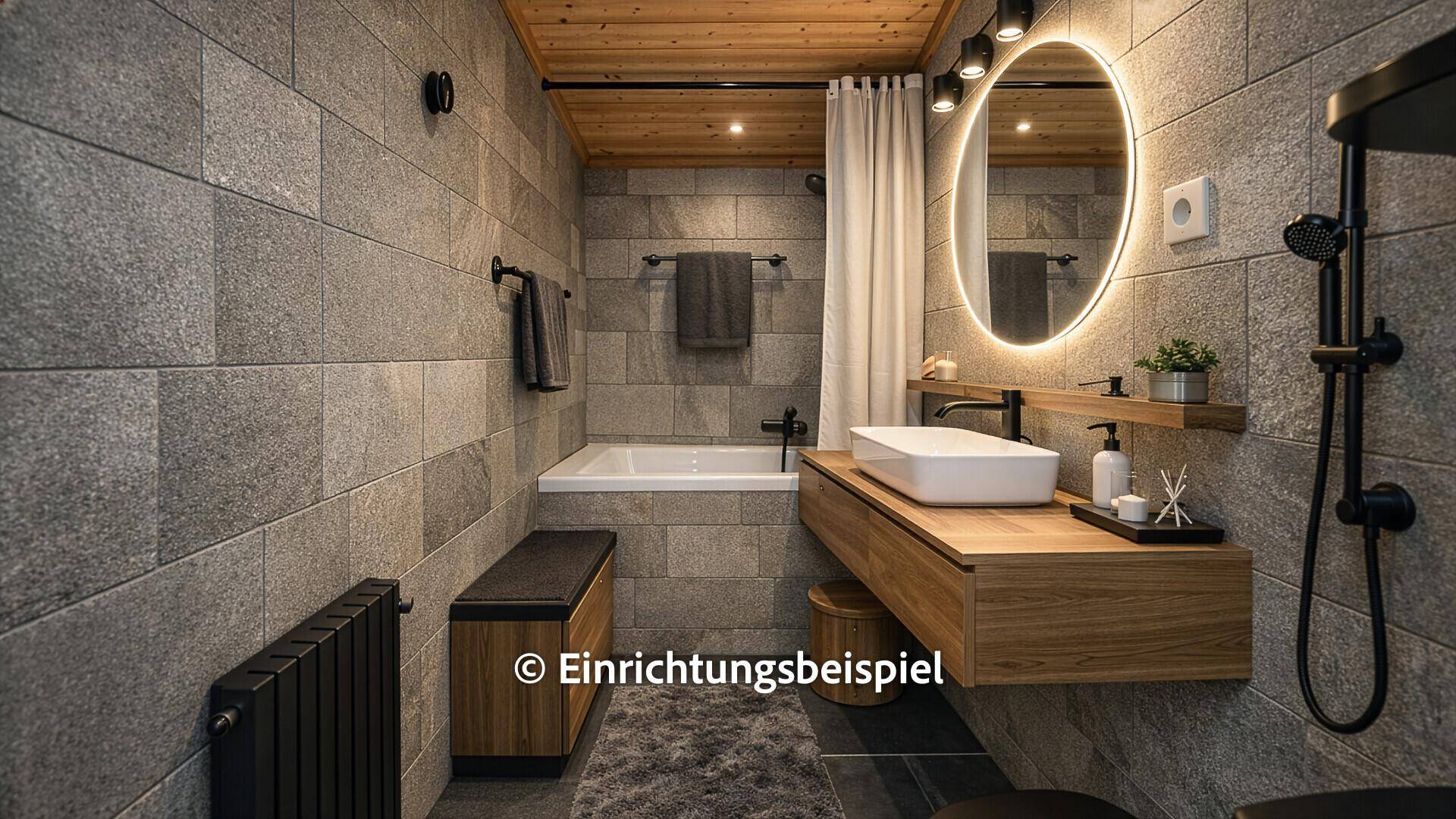 Modernes Badezimmer mit grauen Fliesen, Badewanne und stilvollem Holzwaschtisch.