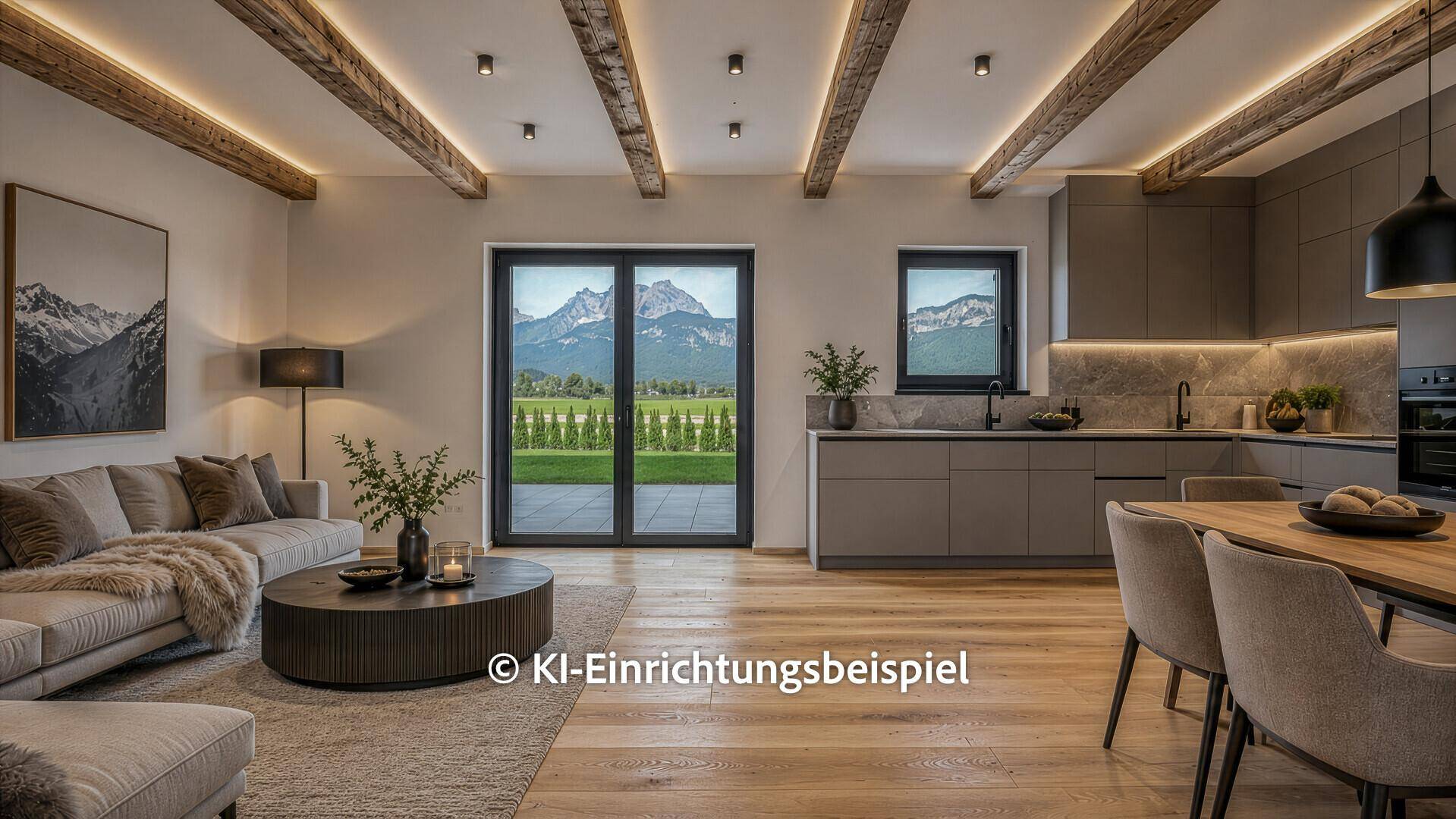 Lichtdurchfluteter Wohnbereich mit Holzboden und Zugang zur Terrasse mit Bergblick.
