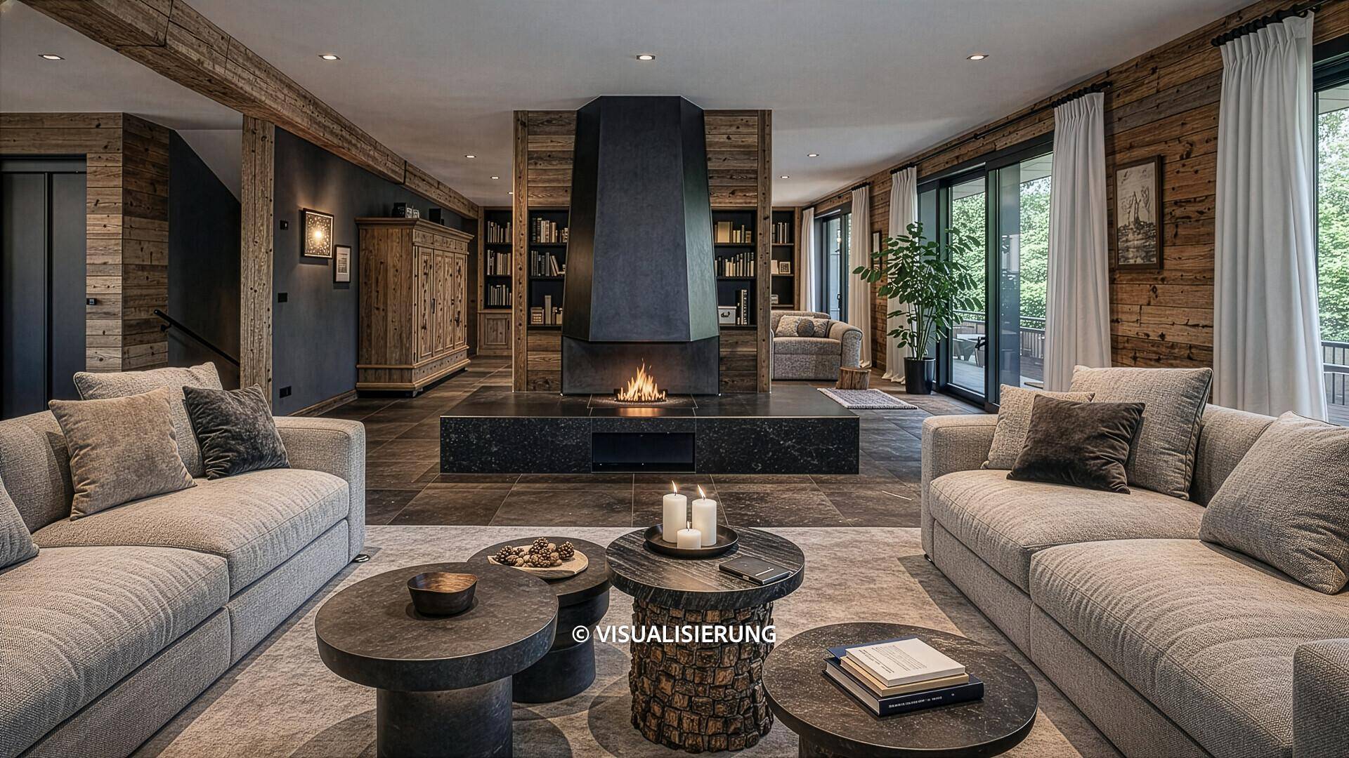 Elegantes Wohnzimmer mit Holzwänden, modernem Kamin und bequemen Sofas.