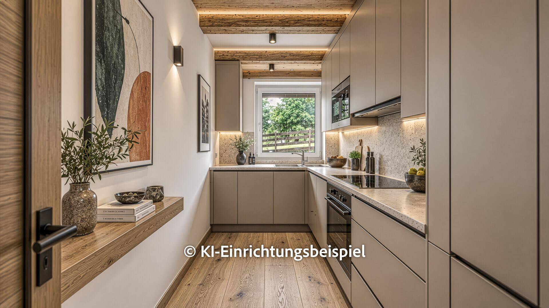 Moderne Küche mit grauen Schränken, Holzelementen und integrierten Geräten, hell und funktional.