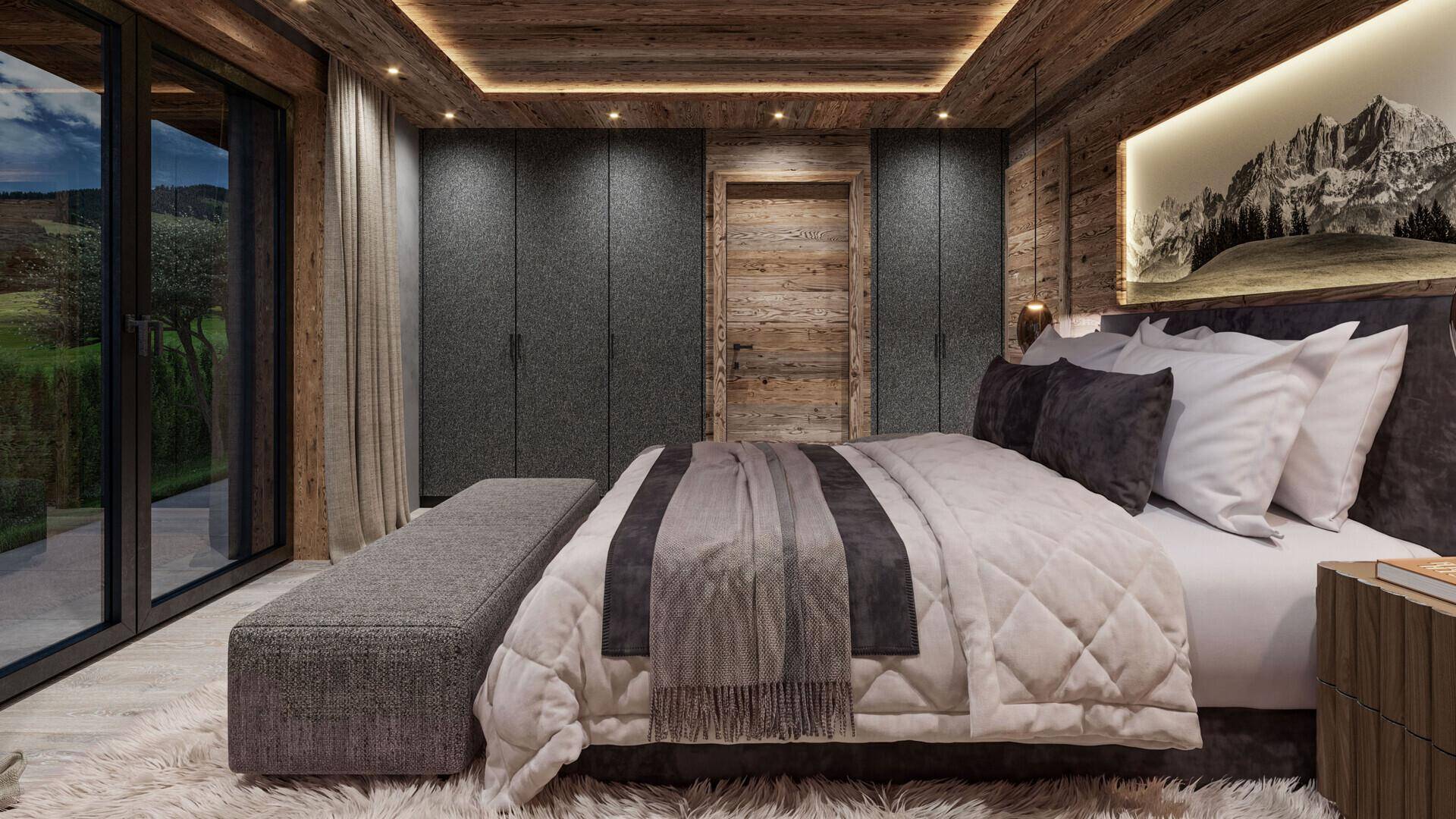 Gemütliches Schlafzimmer im alpinen Stil mit Holzwänden, Einbauschränken und Zugang zur Terrasse.
