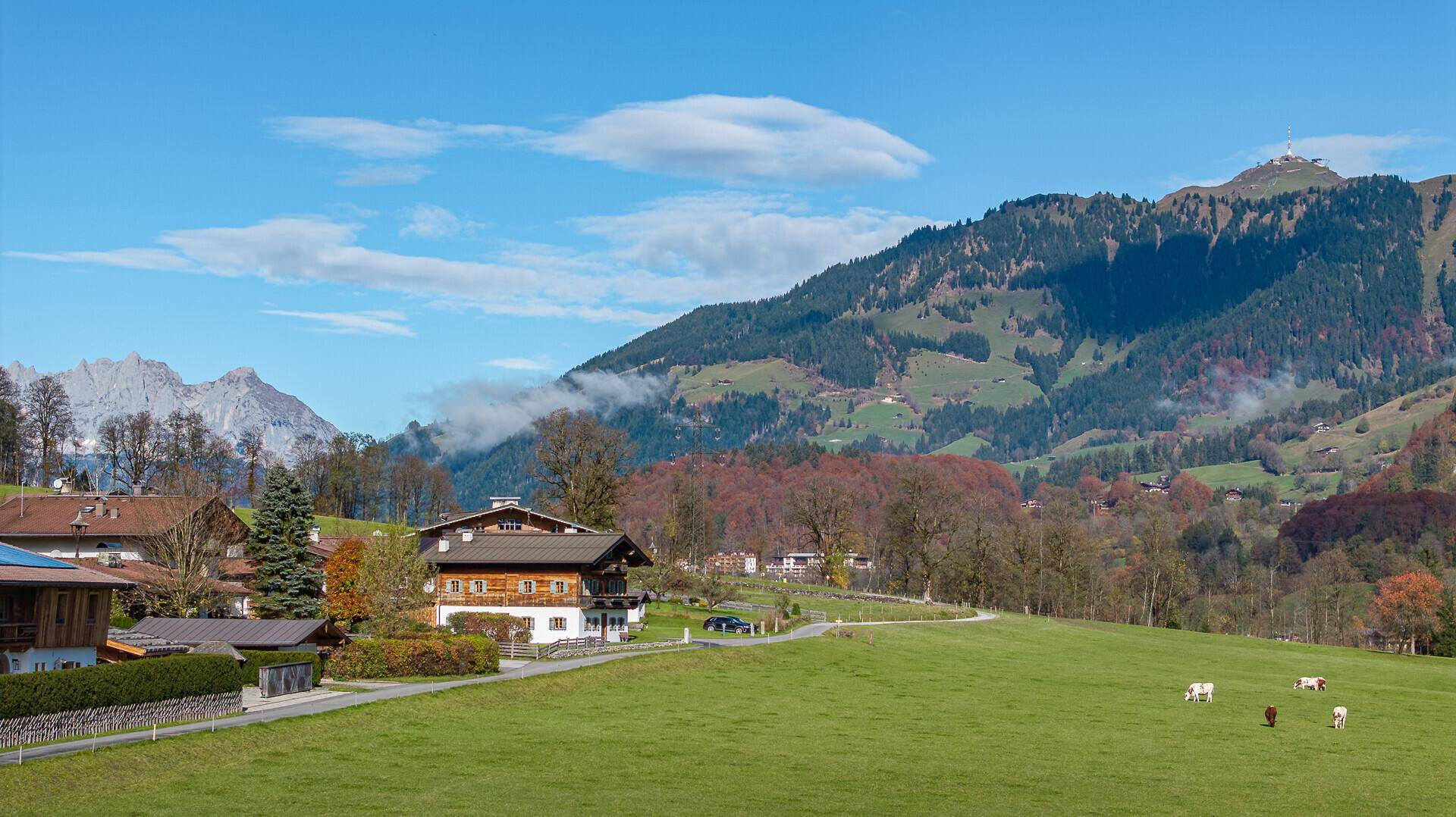 Anwesen in einer sonnigen Berglandschaft mit grünen Wiesen, Bäumen und einem weiten Himmel.