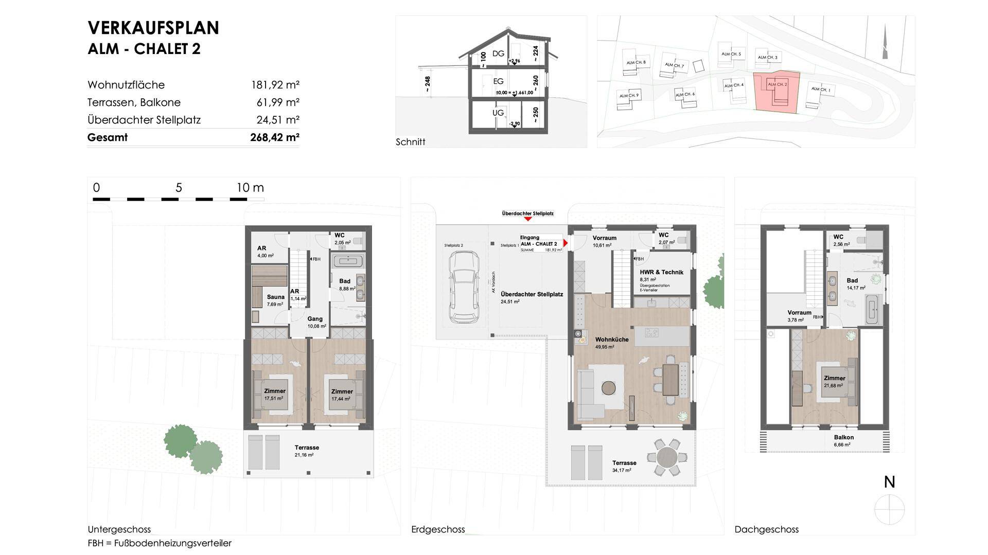 Detaillierter Grundriss von Alm Chalet 2 mit Wohnflächenangaben und Raumaufteilung über drei Etagen.