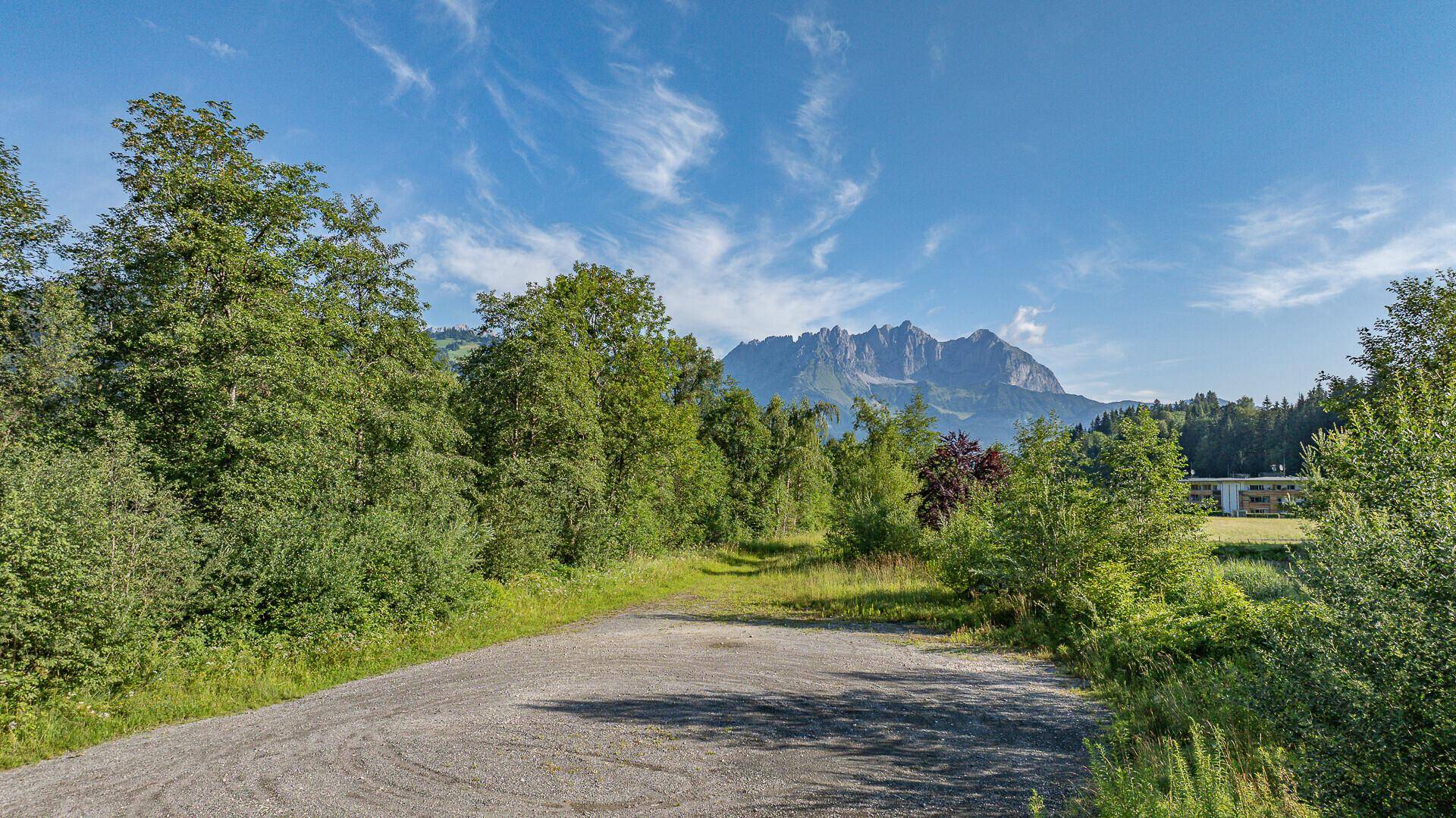 Blick vom Grundstück auf die majestätische Bergkette unter einem weiten blauen Himmel.
