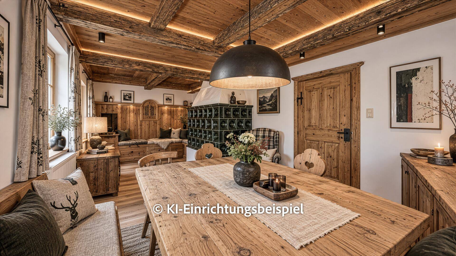 Renovierter Essbereich mit modernem Kachelofen, Holztisch und indirekt beleuchteter Holzbalkendecke.
