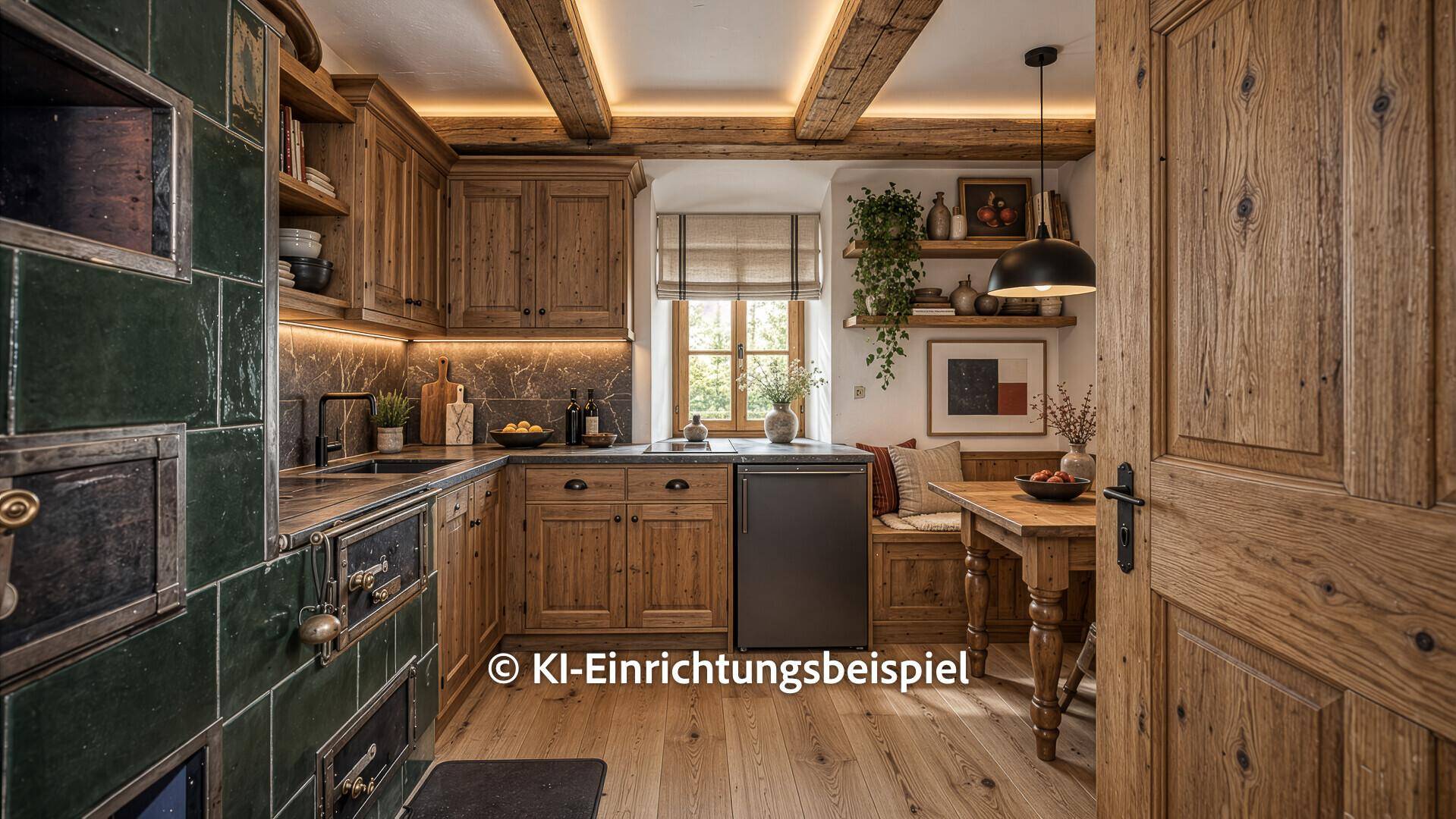 Renovierte Küche im alpinen Stil mit Holzschränken, moderner Ausstattung und indirekt beleuchteten Holzbalken.