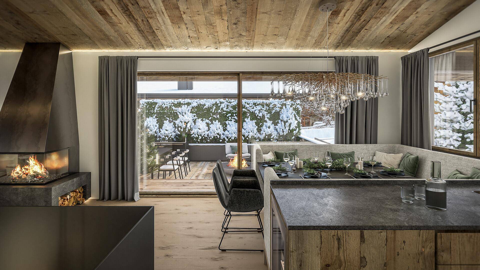 Moderner Essbereich mit Holzbalkendecke und Zugang zur Terrasse mit Blick auf die verschneite Umgebung.