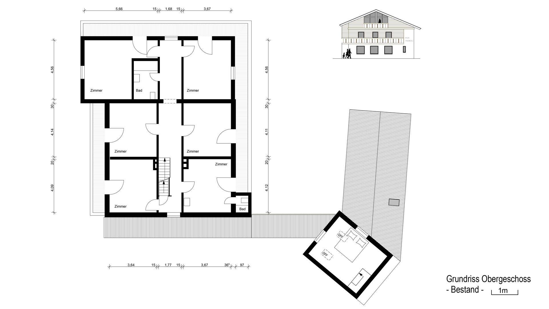 Grundriss des Obergeschosses mit mehreren Zimmern und Bädern.