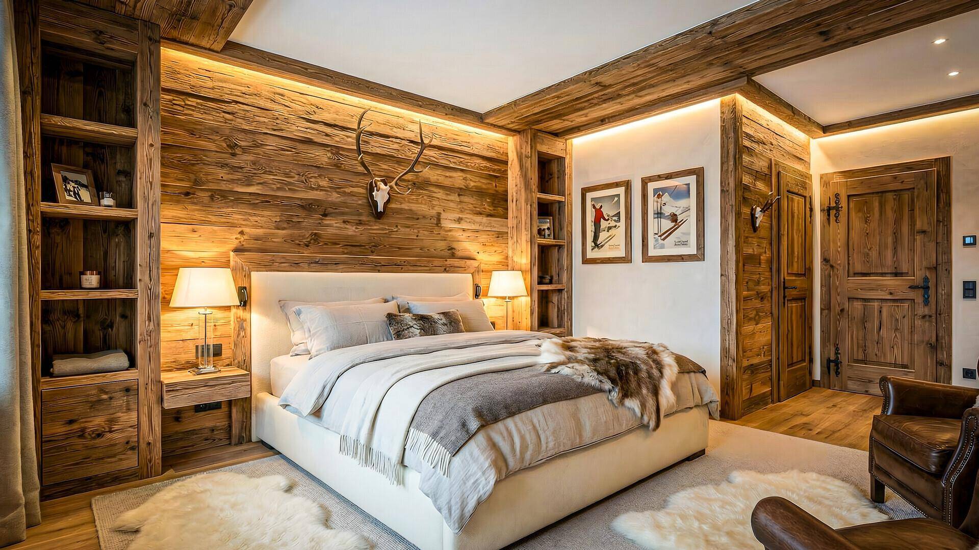 Schlafzimmer im alpinen Stil mit Holzwänden, Doppelbett und indirekter Beleuchtung.