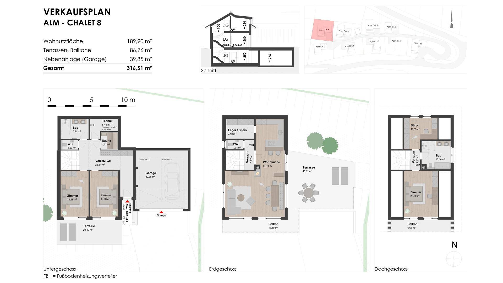 Detaillierter Verkaufsplan eines Chalets mit Grundrissen für Unter-, Erd- und Dachgeschoss.