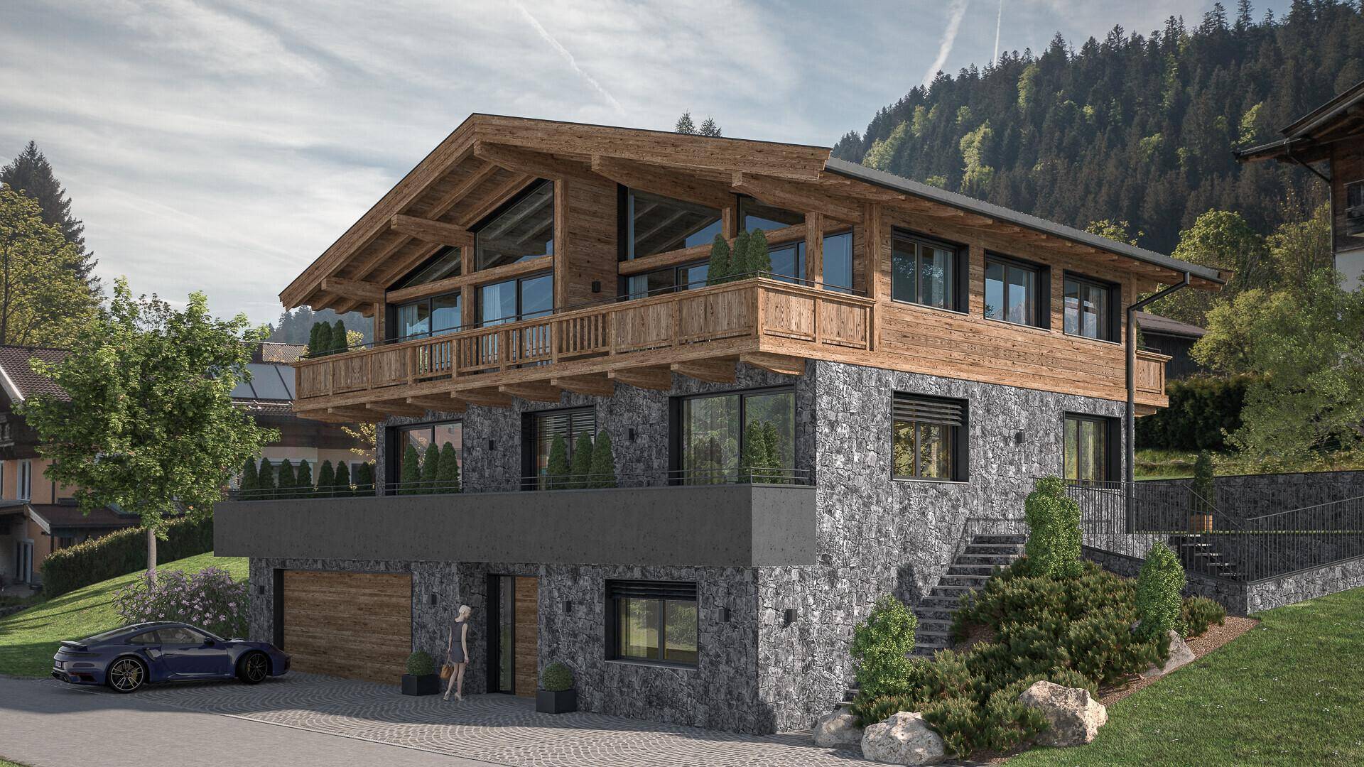 Exklusives Chalet mit alpiner Architektur, Steinfassade und Holzverkleidung in bergiger Umgebung.