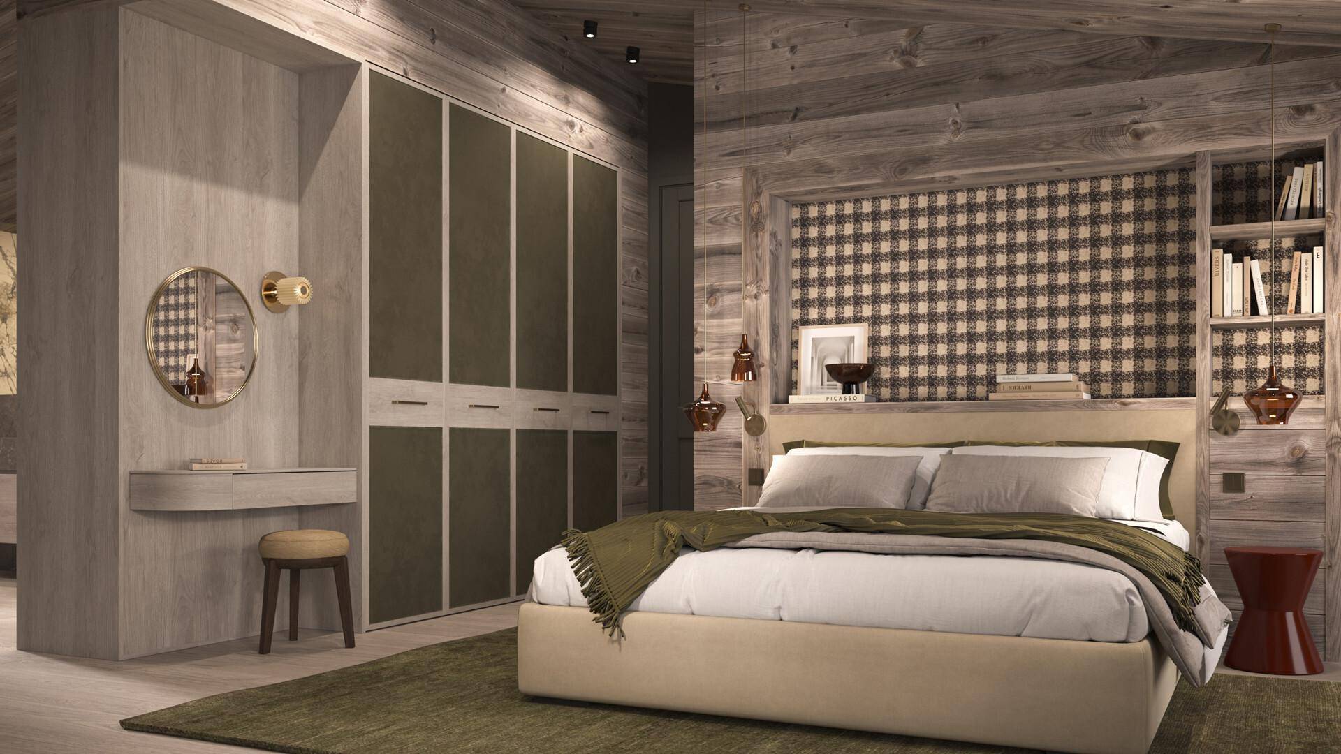 Gemütliches Schlafzimmer im alpinen Stil mit Holzbalkendecke und integrierten Kleiderschränken.