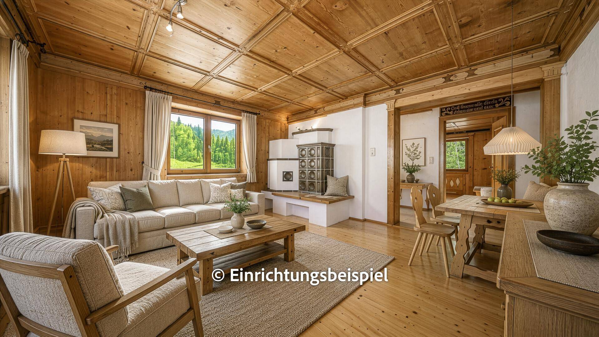 Gemütlicher Wohn-Essbereich im alpenländischen Stil mit Kachelofen und Holzelementen.