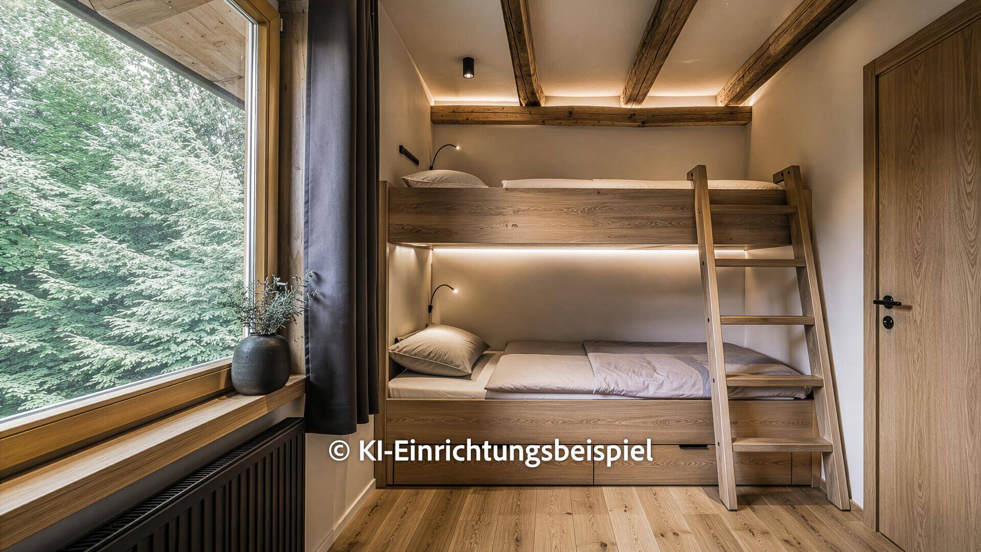 Modernes Schlafzimmer mit Etagenbett, Holzbalken und indirekter Beleuchtung mit Waldblick.