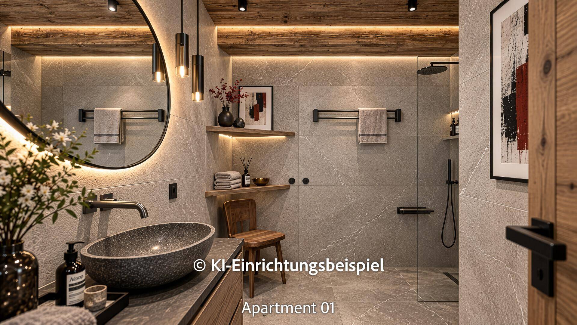 Modernes Badezimmer mit Steinfliesen, runden Spiegel und begehbarer Dusche.