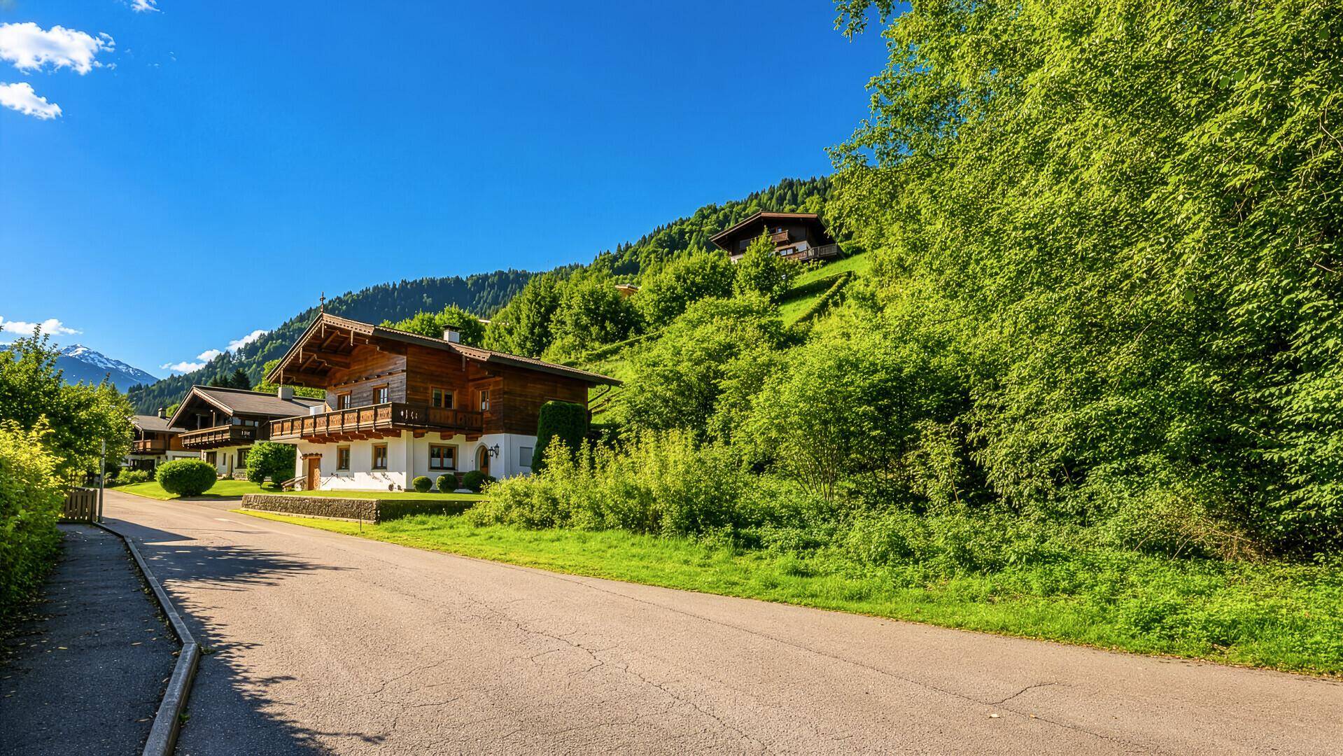 Traditionelles Alpenhaus am Hang, umgeben von üppigem Grün und einer ruhigen Straße.