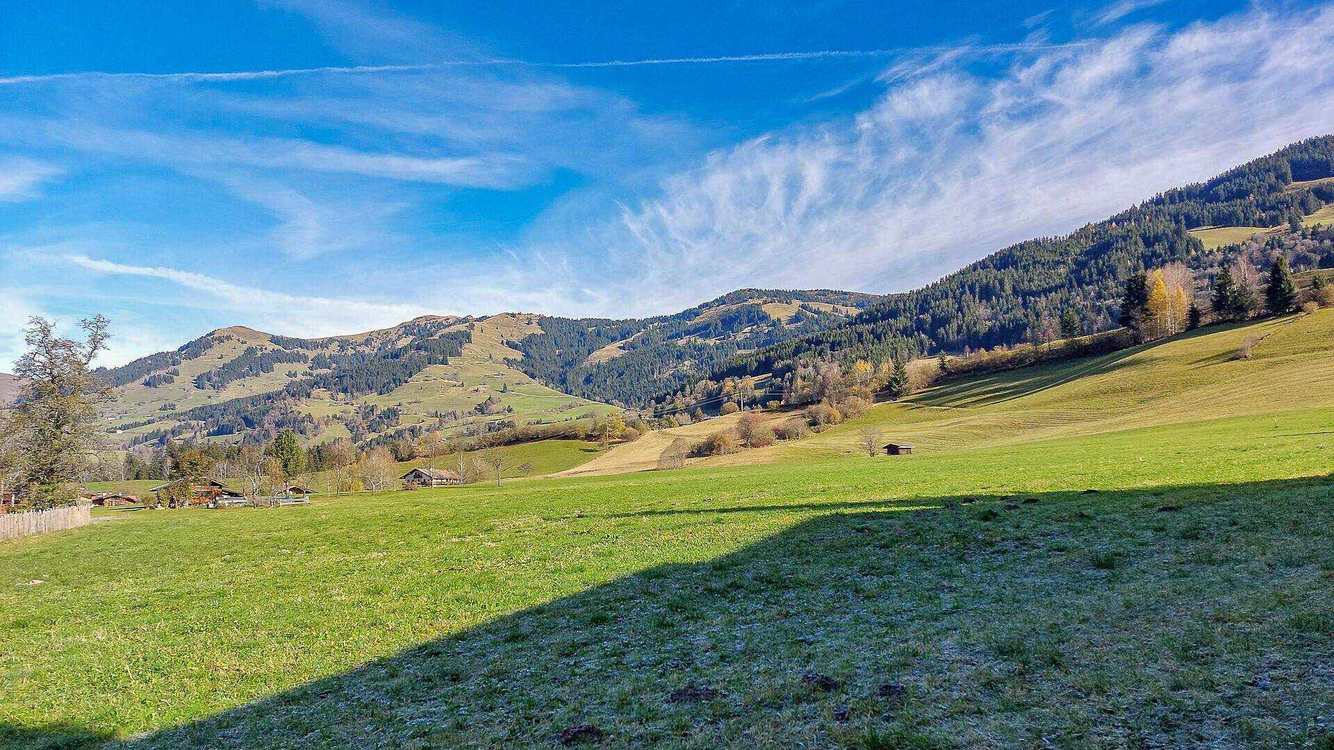 Panoramablick über sanfte grüne Hügel und bewaldete Berge unter einem strahlend blauen Himmel.