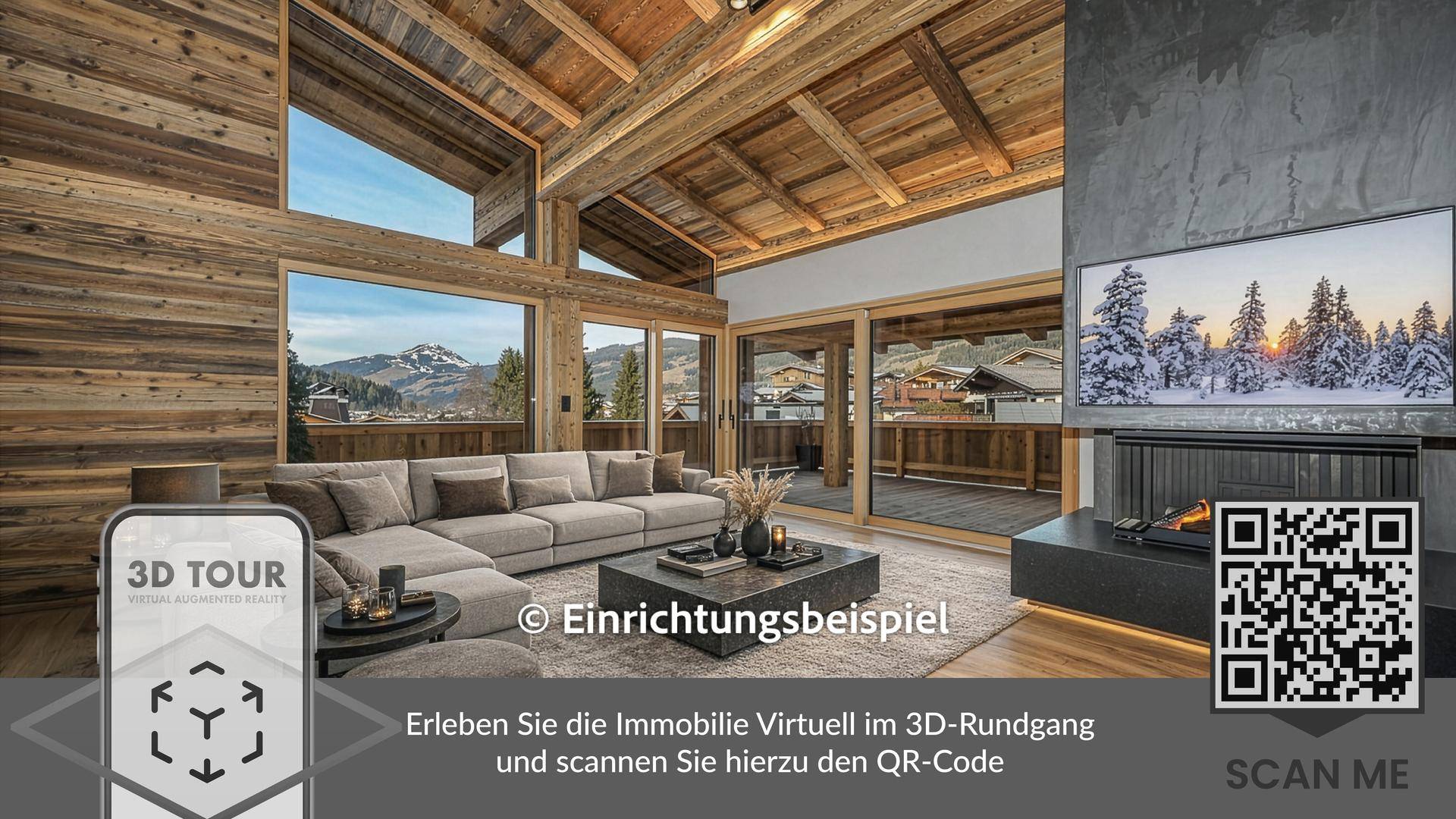 Luxuriöses Wohnzimmer im alpinen Stil mit hohen Holzdecken, Kamin und Panoramablick auf die Berge.