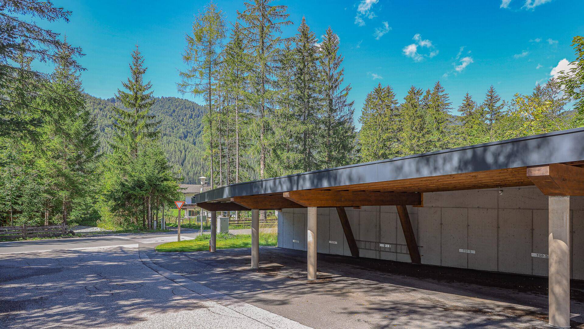 Überdachter Carport-Bereich mit Holzkonstruktion, umgeben von Bäumen und Natur.