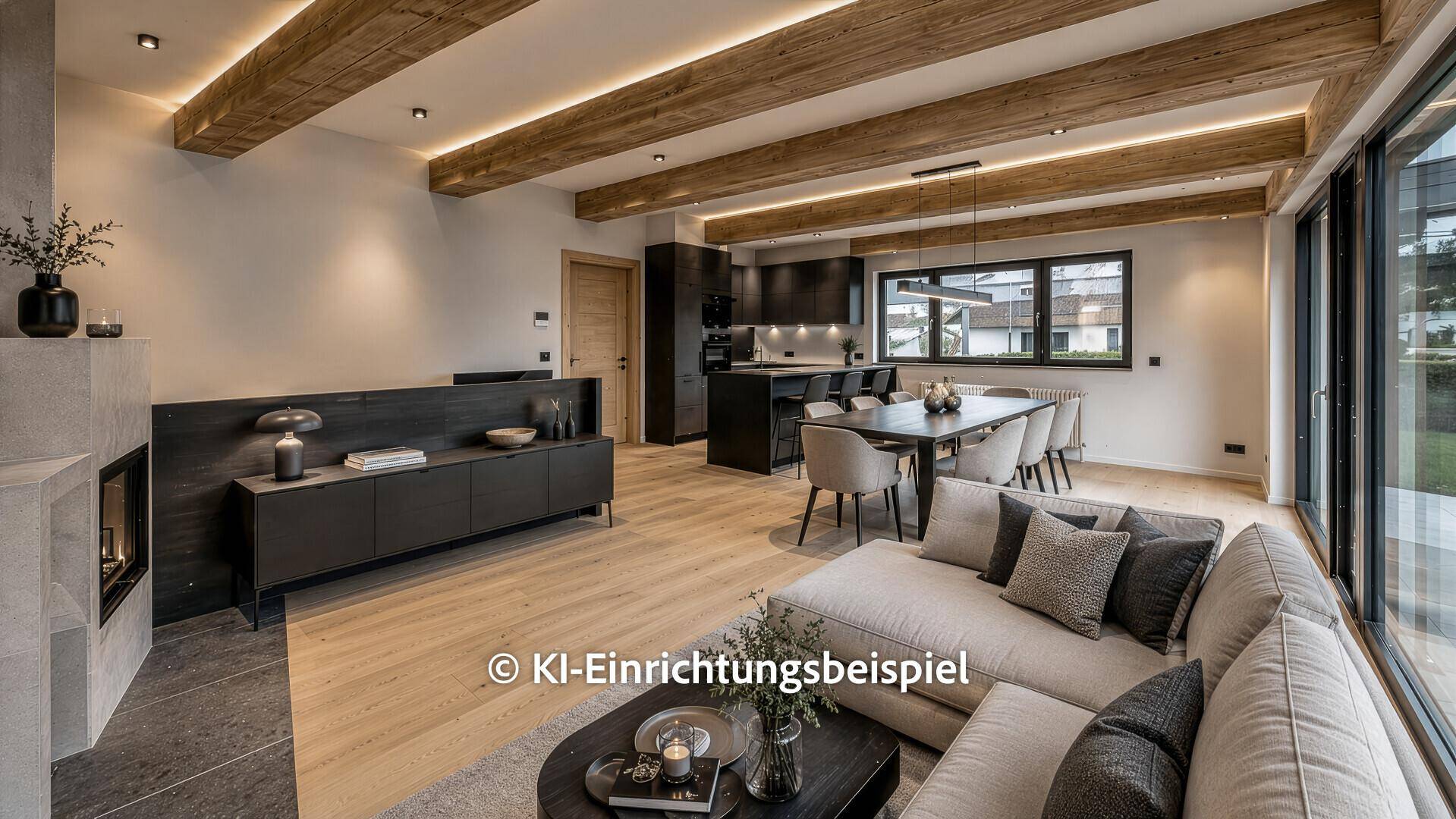Stilvoller Wohn-Essbereich mit Holzbalken, moderner Küche und großem Esstisch.