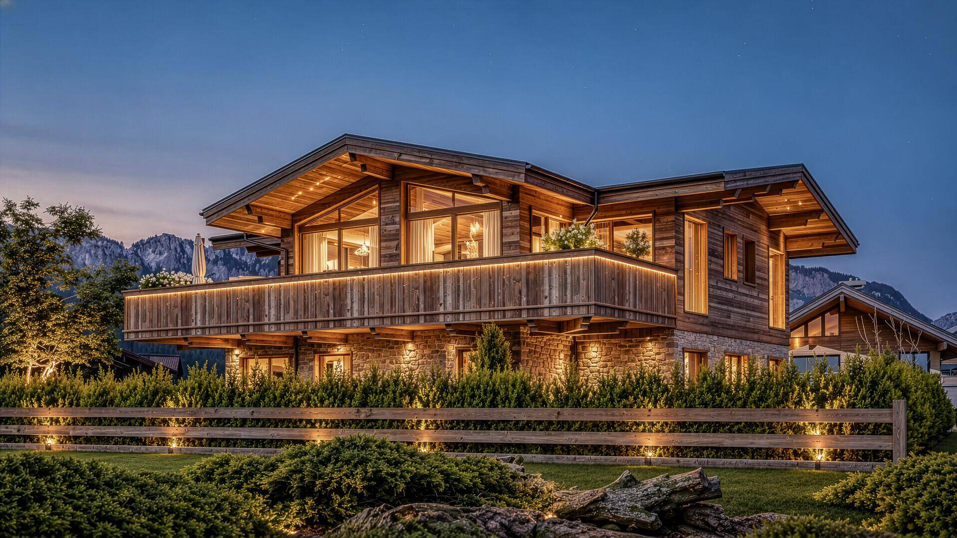 Luxuriöses Holzchalet mit Steinverkleidung und beleuchtetem Balkon vor alpiner Bergkulisse bei Dämmerung.