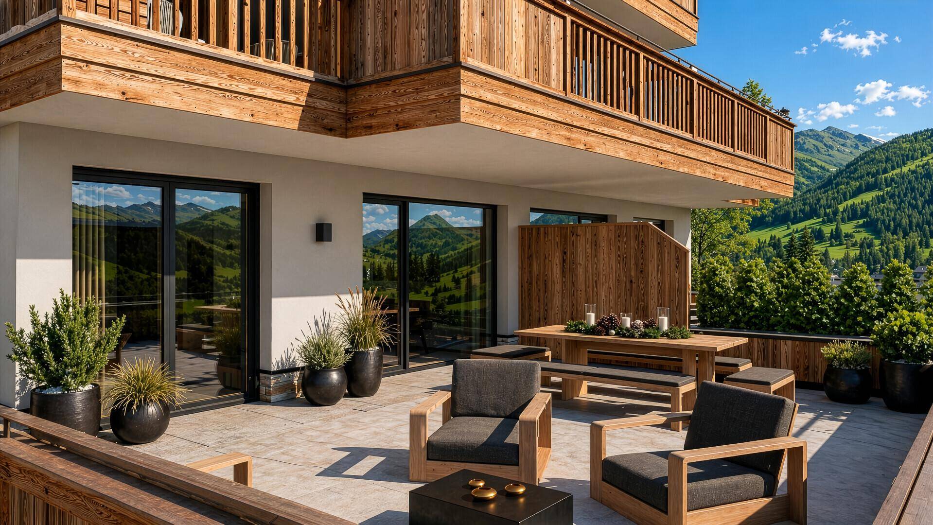 Großzügige Terrasse mit modernen Outdoor-Möbeln, Essbereich und beeindruckendem Bergblick.