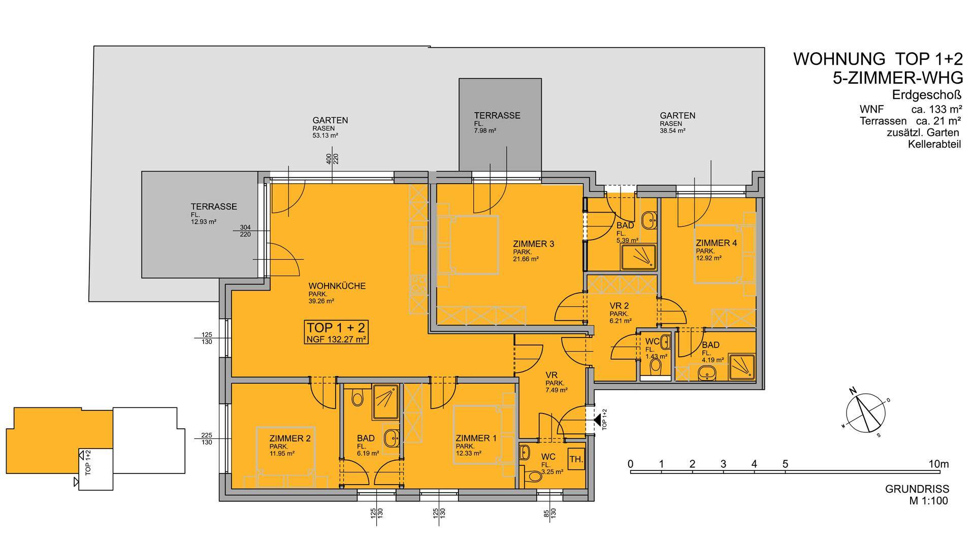 Grundriss einer 5-Zimmer-Wohnung mit mehreren Terrassen und Gartenbereichen.