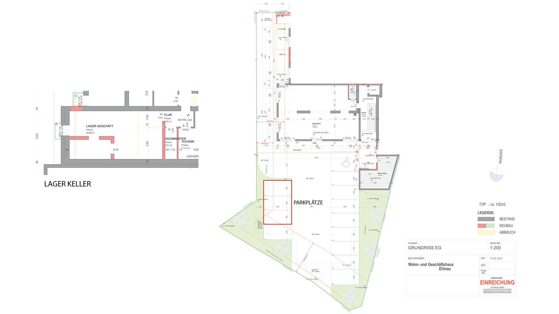 Grundrisspläne zeigen den Keller mit Lagerflächen und das Erdgeschoss mit Parkplätzen und Geschäftsräumen.