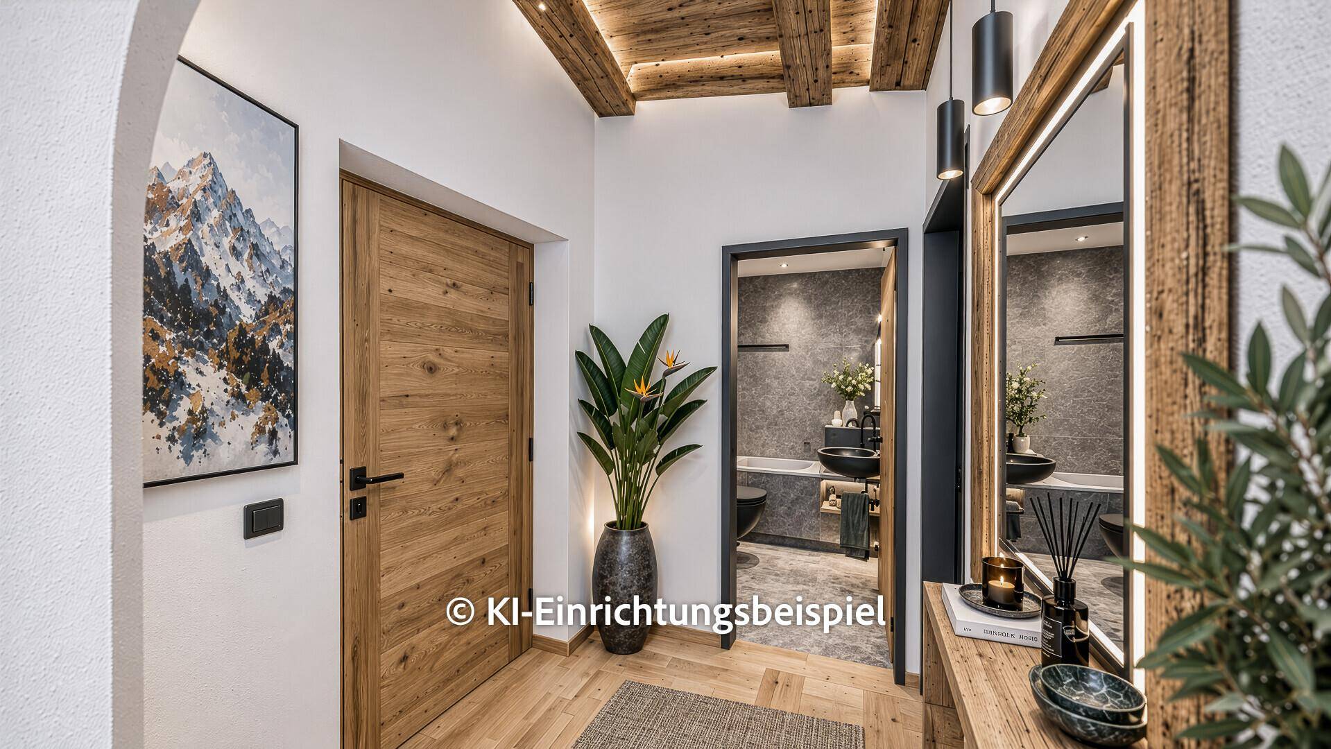 Moderner Flur mit Holztür, stilvollem Spiegel und Blick in ein luxuriöses Badezimmer.