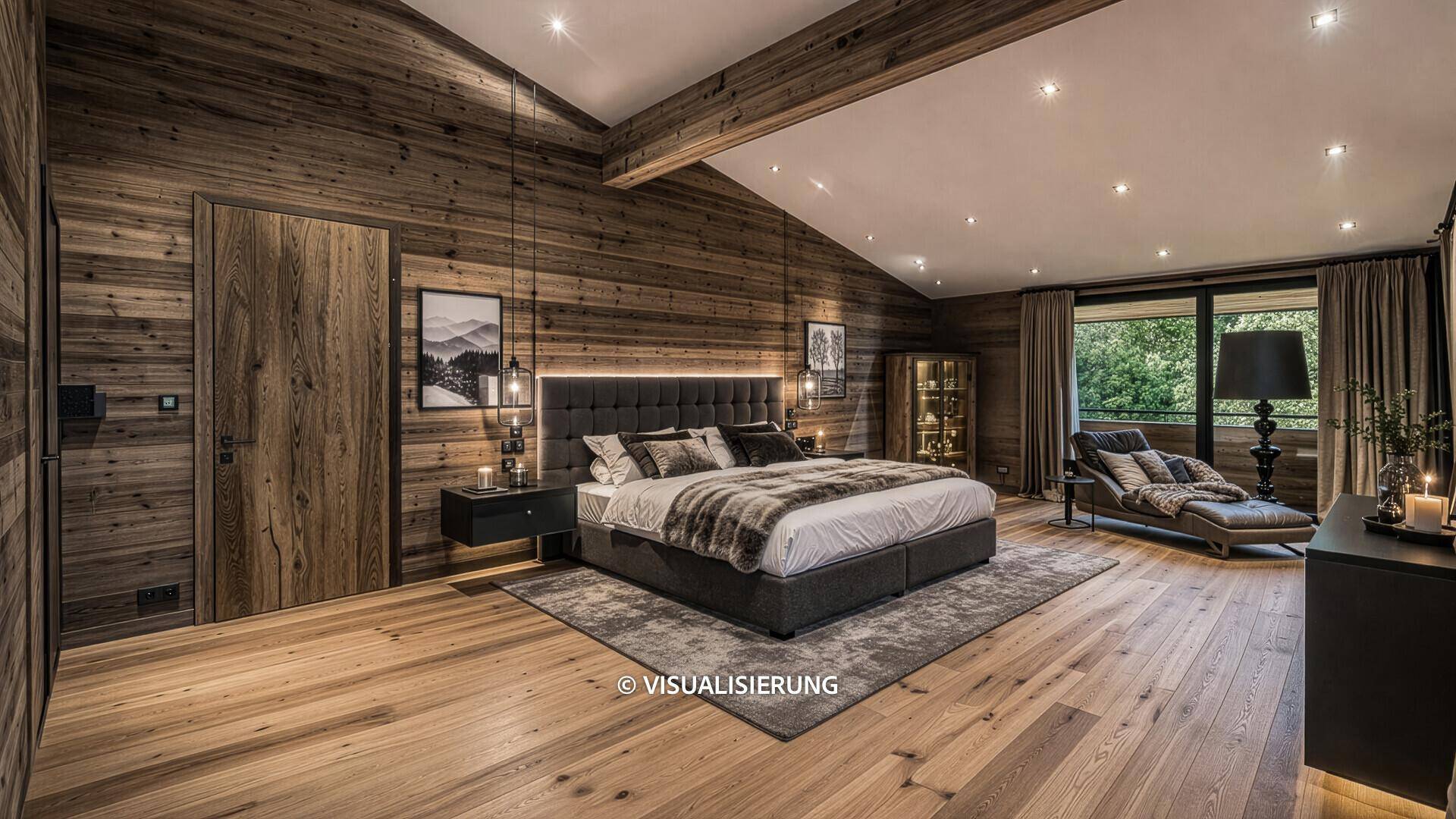 Gemütliches Schlafzimmer mit Holzwänden, Holzboden und indirekter Beleuchtung.