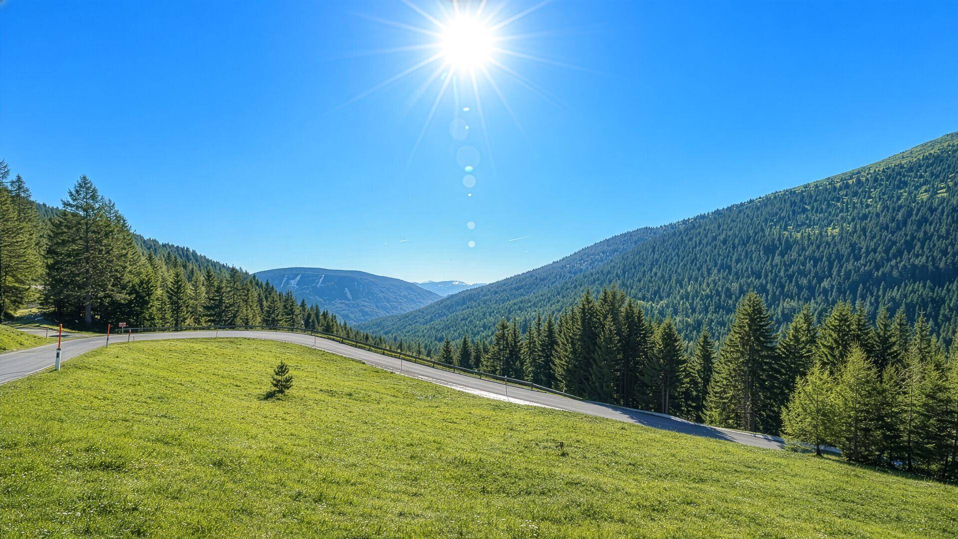 Eine sonnige Berglandschaft mit einer Straße, umgeben von grünen Wäldern und einem weiten blauen Himmel.