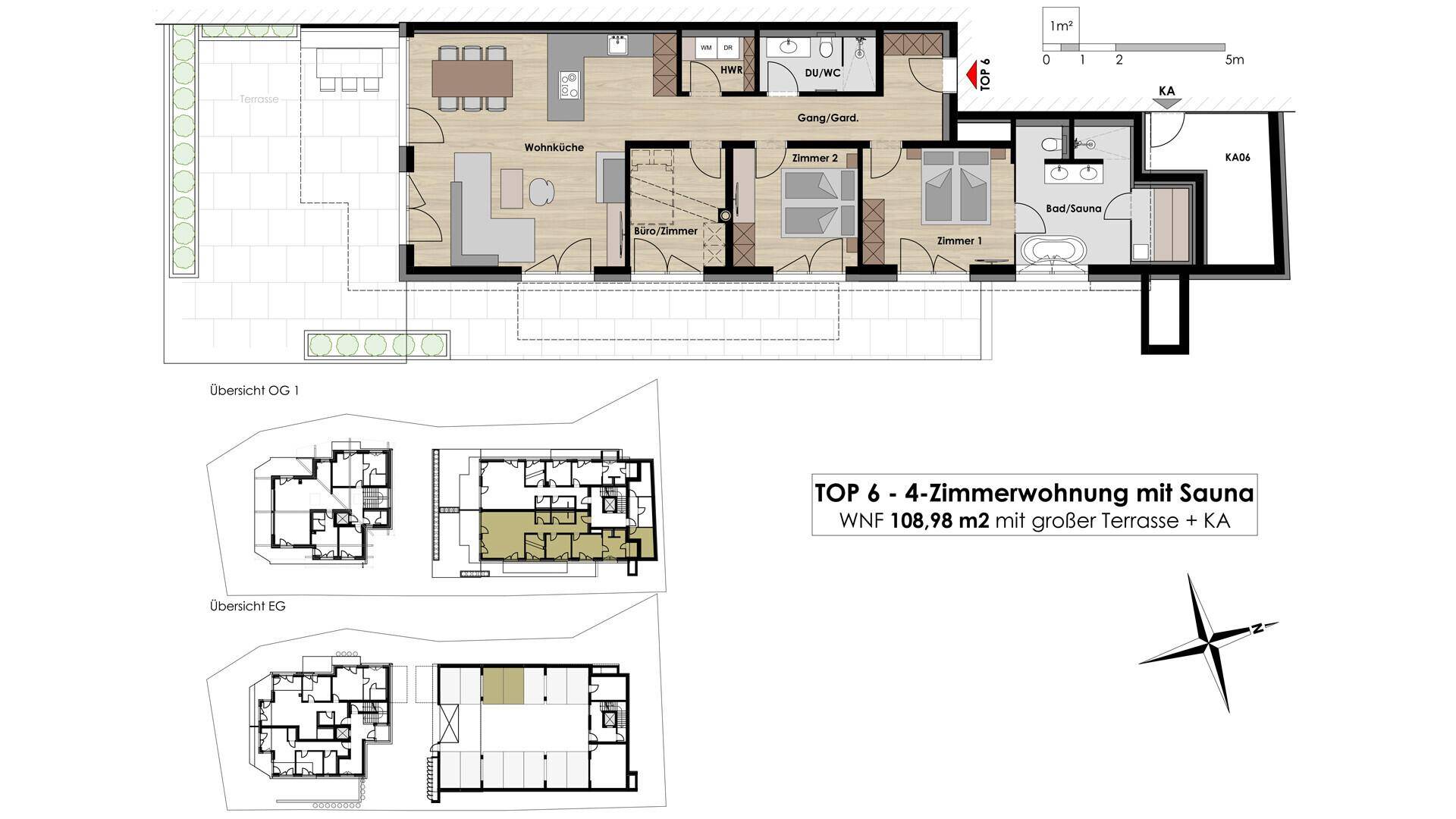 Grundriss einer 4-Zimmer-Wohnung mit offener Wohnküche, großer Terrasse, drei Schlafzimmern und Sauna.
