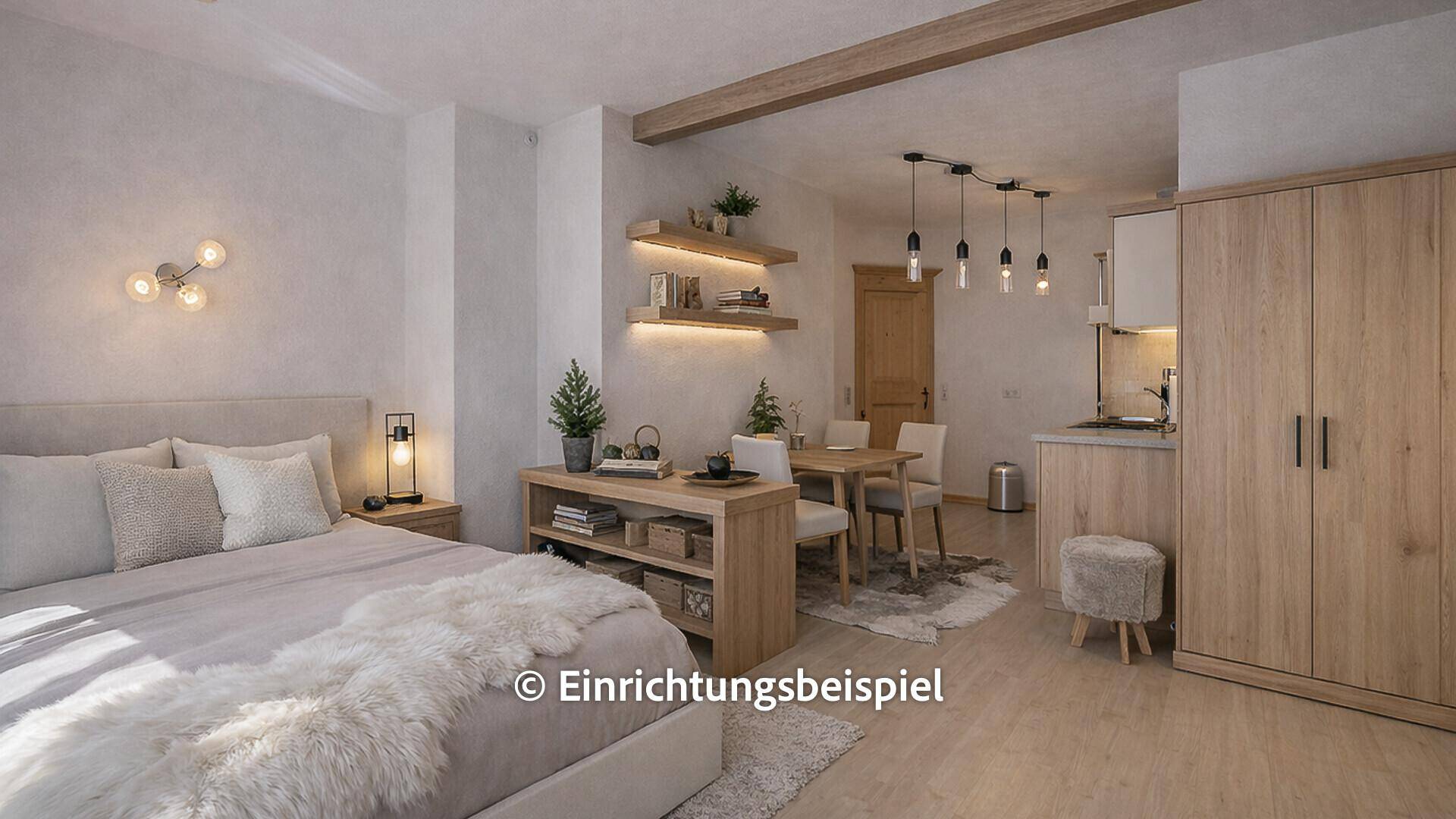 Helles Studio-Apartment mit Schlafbereich, Essplatz und integrierter Küchenzeile.