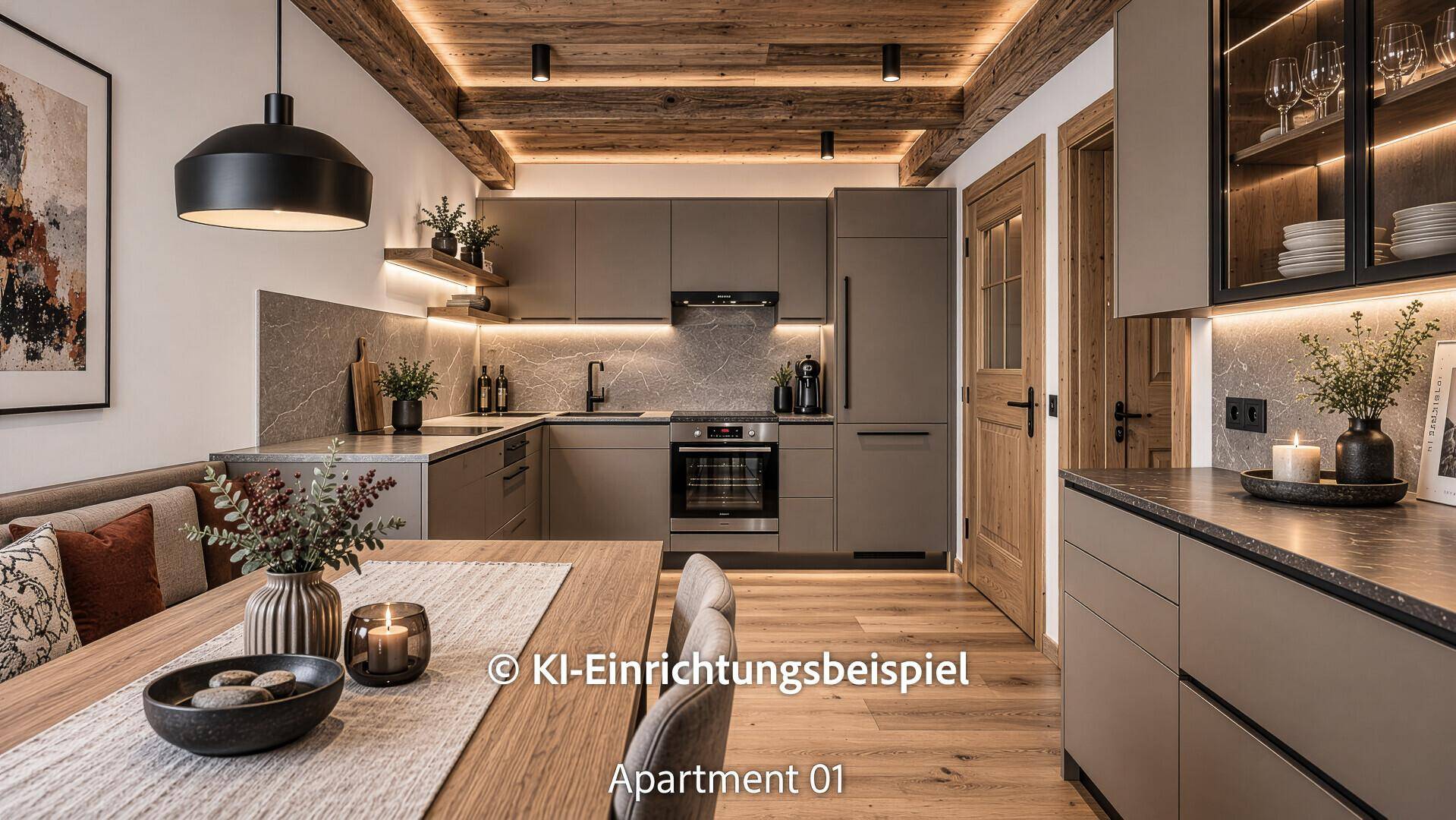 Moderne Küche mit grauen Schränken, Holzbalken und integriertem Essbereich.