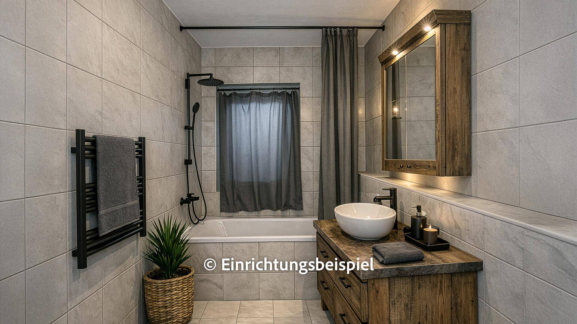 Modernes Badezimmer mit Badewanne, Aufsatzwaschbecken und Holzwaschtisch, stilvoll gefliest.