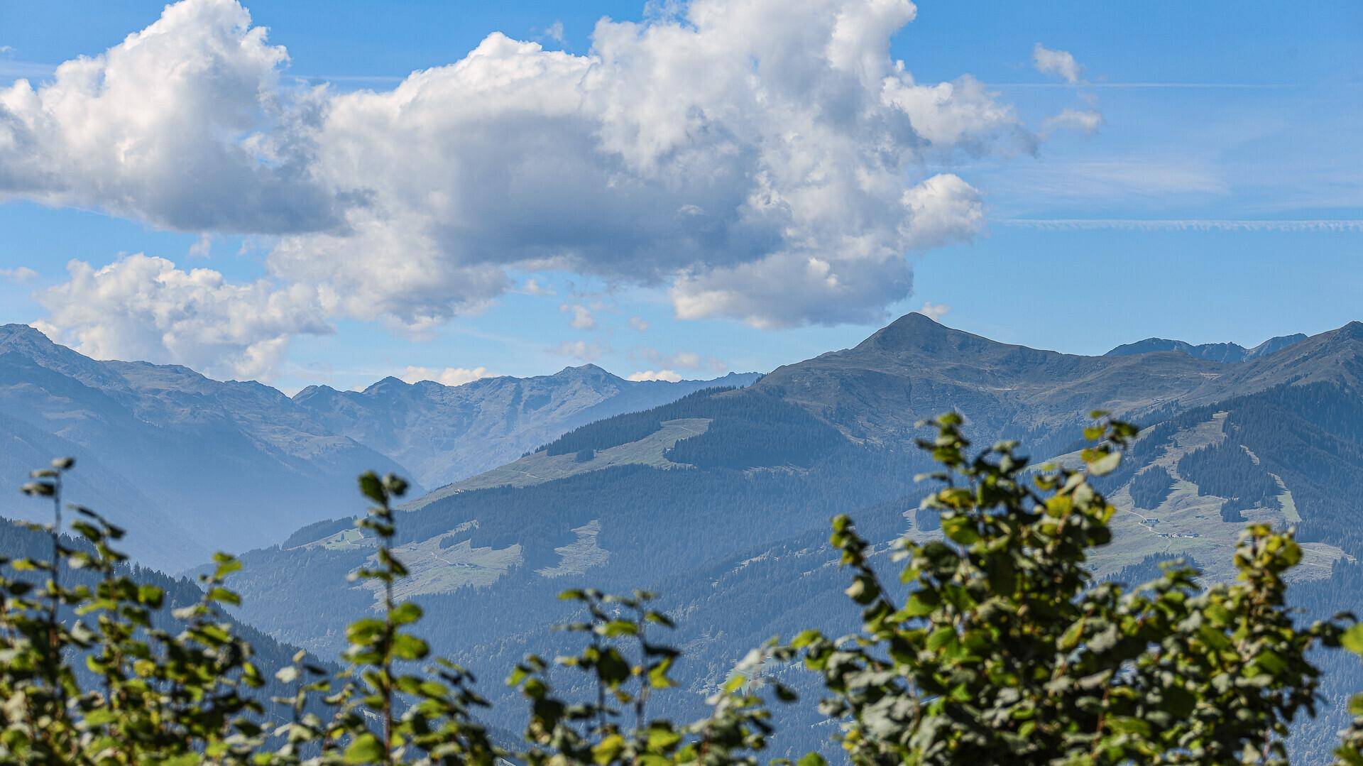 Panoramablick auf die beeindruckende Bergkette mit grünen Hügeln und klarem Himmel.
