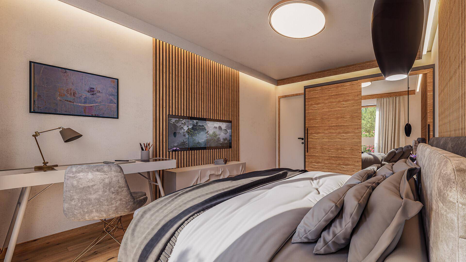 Modernes Schlafzimmer mit Holzwandverkleidung, Schreibtisch und indirekter Beleuchtung.