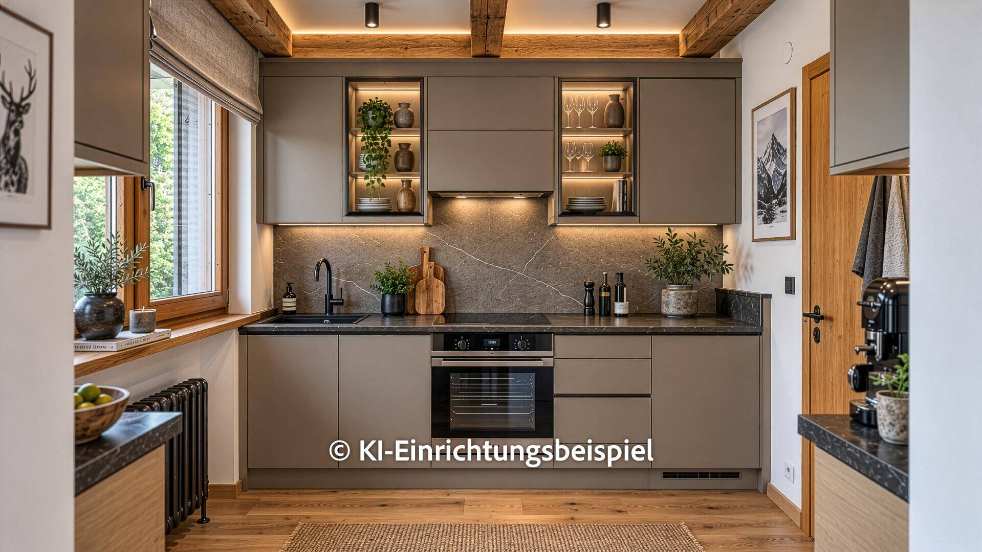 Moderne Küche mit grauen Schränken, dunkler Arbeitsplatte, Holzbalken und Fensterblick.